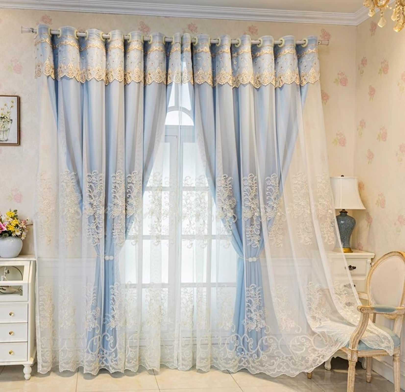 Beydodo Rideau Opaque Occultant, Rideaux Chambre Decoratif 137 x 214 Oeillet, Aspect Floral Brodé 2 Pièce, Polyester