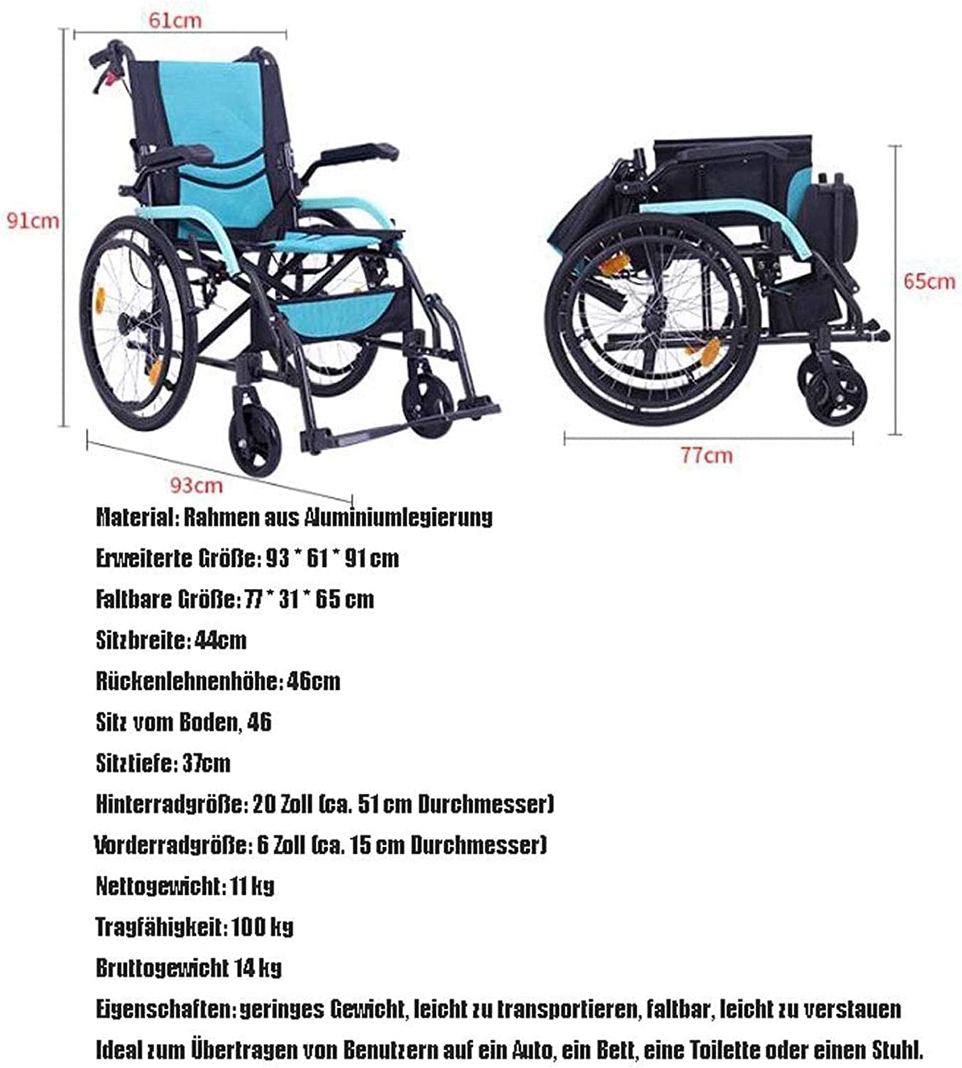 BKEKM Silla de Ruedas Silla de Ruedas Plegable Liviana con reposapiés abatible extraíble y Respaldo ergonómico Silla de Ruedas portátil para Adultos Carga 220 LB Cómodo