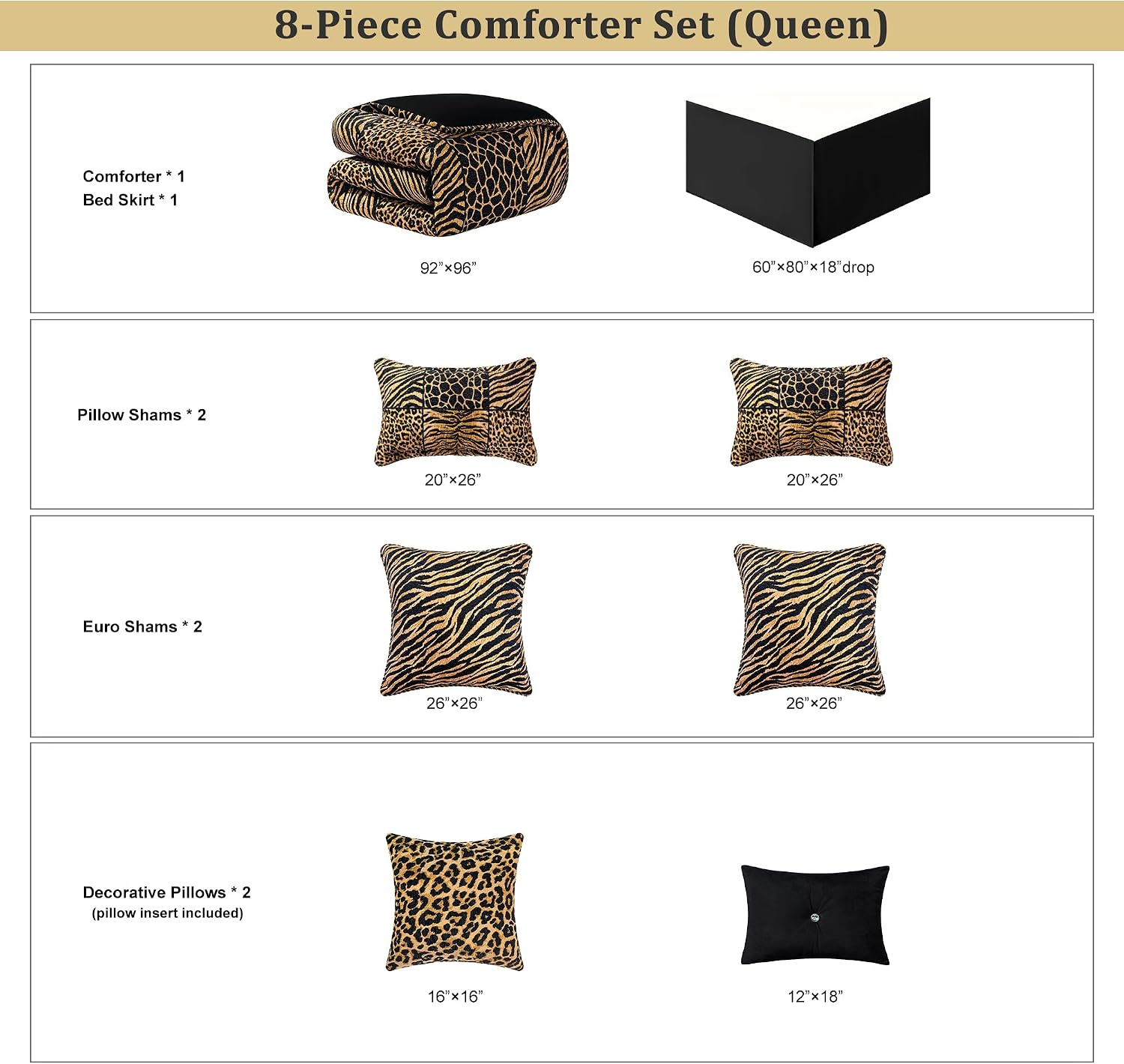 Loom and Mill 8-Piece Safari Comforter Set Queen Size, Leopard, Tiger, Giraffe, Zebra Animal Print Bedding Set, Patchwork Comforter with Bed Skirt, Euro Shams and Decorative Pillow(Black Gold,Queen)