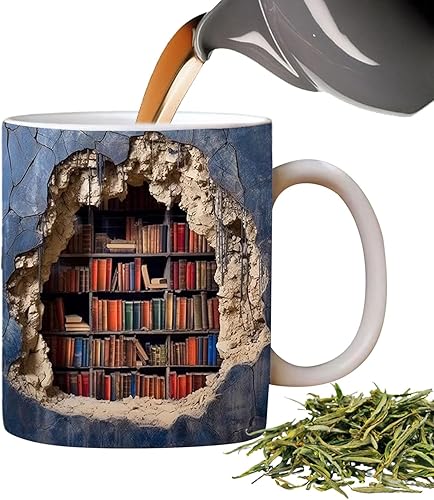 Miniatura 8 de Taza de café 3D para libros, taza de café con estantería 3D, taza de café para amantes de los libros, taza de cerámica multiusos con diseño creativo