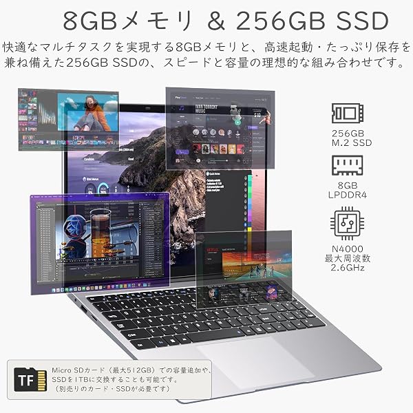15.6インチ ノートパソコン 8GBメモリ 256GB SSD搭載、Celeron N4000 Win 11 Pro Office 搭載 ラップトップ、1920*1080 FHD IPS 液晶ノートPC、2.4G/5G Wi-Fi BT 4.2 HDMI USB 3.0 英語キーボード Laptop 1.5kg軽量 学習用 オンライン授業 テレワーク 在宅勤務 - 4