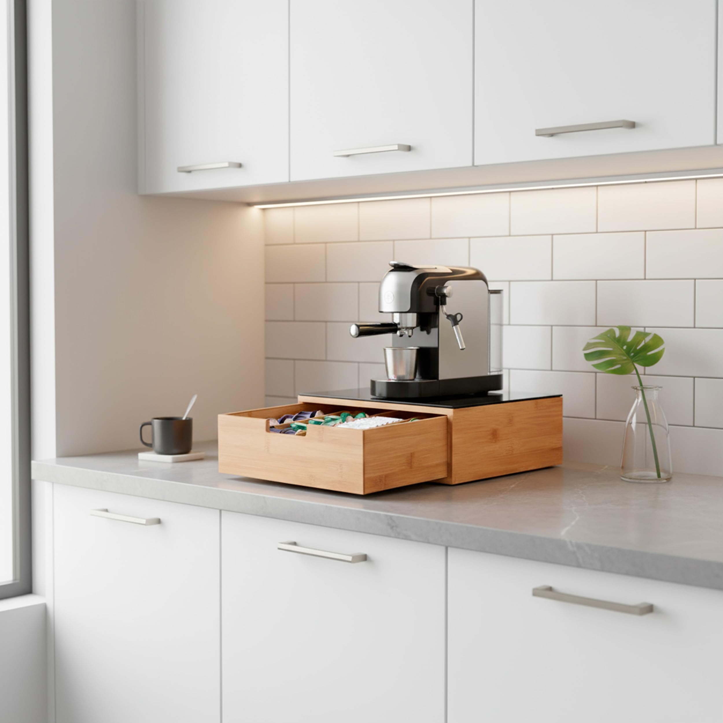 BRICOZONE Cassetto Porta Cialde in Bambù Con Ripiano in Vetro Organizer Per Capsule Caffè Con 4 Scomparti Salvaspazio Elegante Per Angolo Caffè