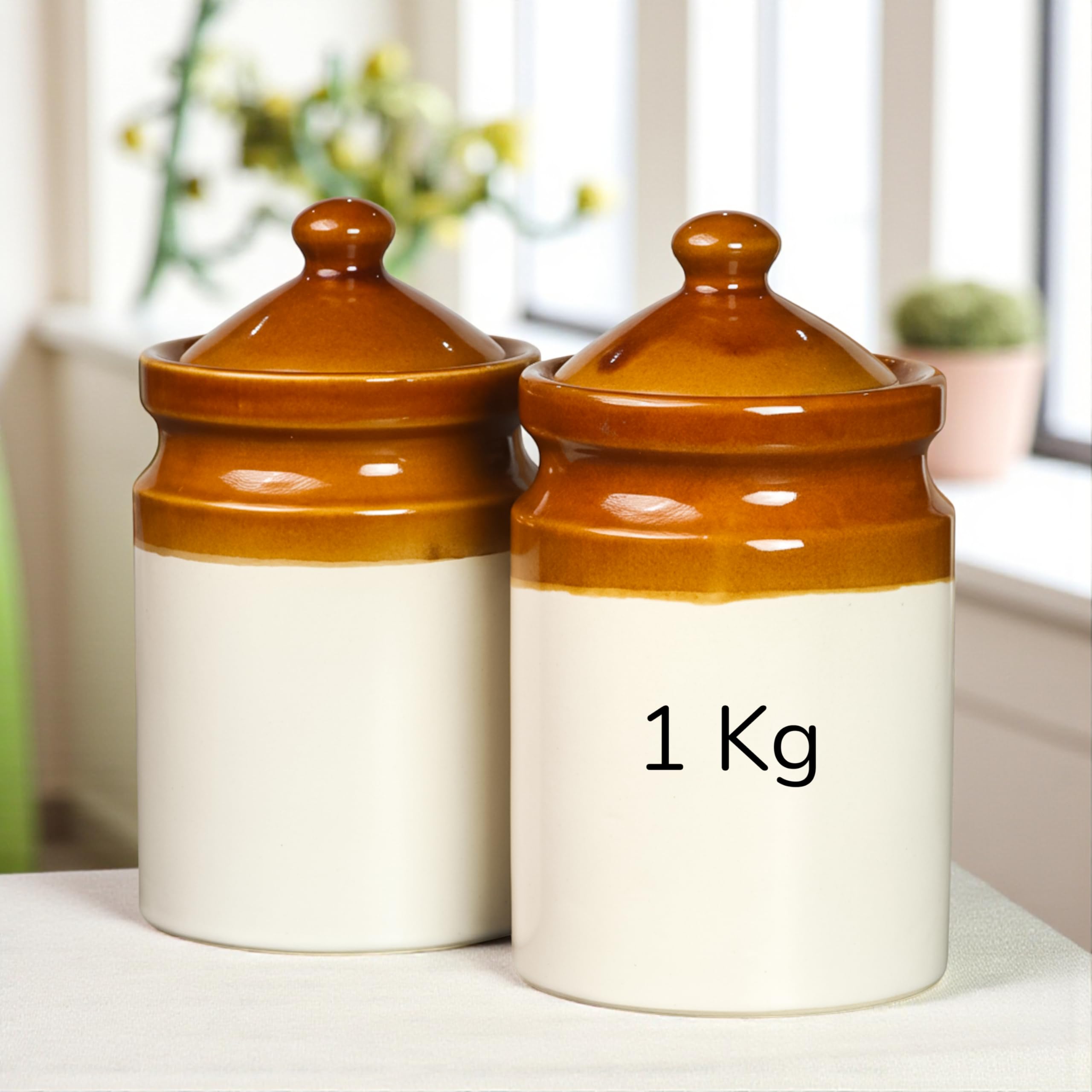 ClayStone Ceramic Achaar Jar Set - 1 Kg (1000 ml) x 2 - Martban Pickle Container - Kitchen Storage for Pickle, Chutneys and Sauces - Durable, and Easy to Clean (Pack of 2) (1 Kg Brown Jar Set)