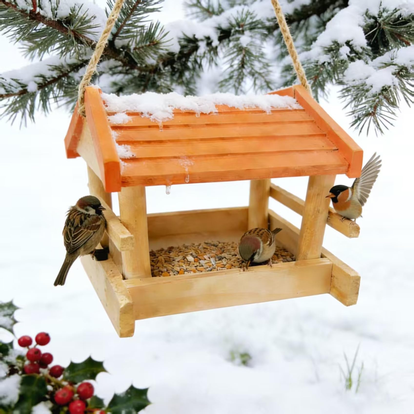 Mangiatoia per Uccelli da Esterno, Mangiatoia per Uccelli da Appendere in Legno a Prova di Scoiattolo con Coperchio e Capacità di Semi per Giardino, Cortile e Cortile|Gabbia