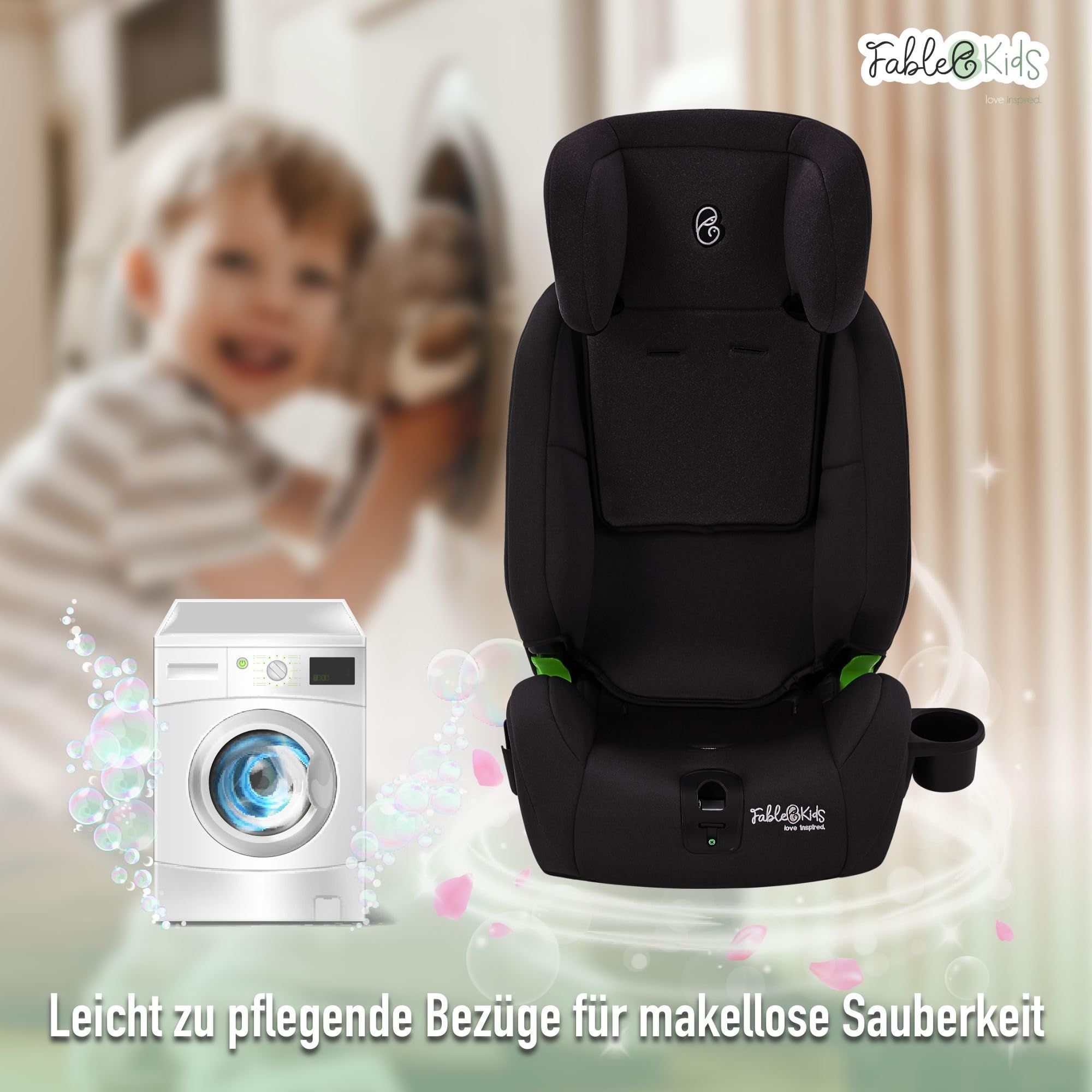 FableKids Kinderautositz mit Isofix | Autokindersitz ab 15M. | Autositz für Kinder 76-150cm | Kindersitz i-Size ECE R129/03 | 3-Punkt-Sicherheitsgurt | einstellbare Kopfstütze & Becherhalter | Schwarz