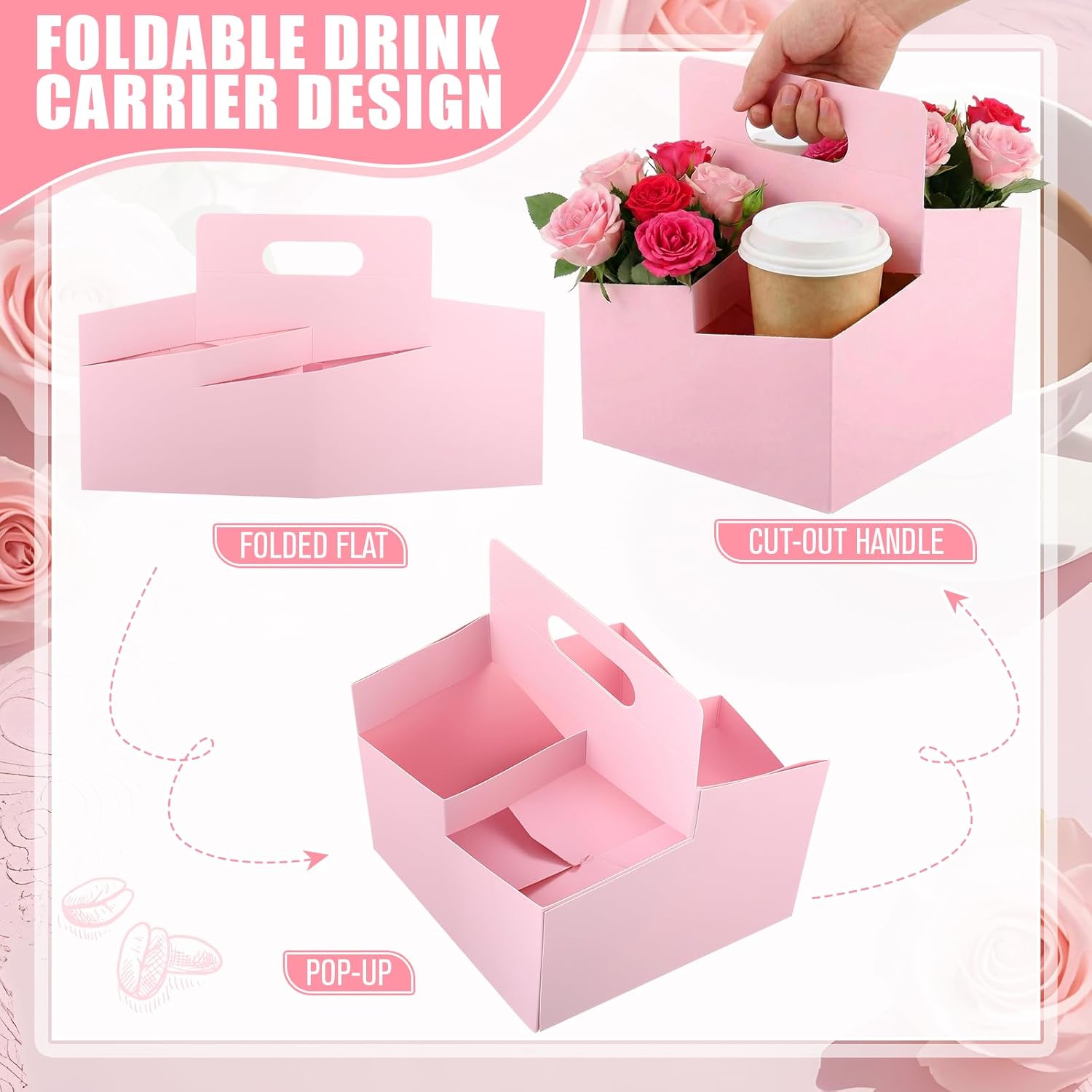 Jetec 50 Pcs 4 Cup Pink Drink Carrier with Handle, Kraft Paperboard Disposable Cup Holder, Food Delivery Accessories for Mother's Day Hot/cold Drinks, to Go Coffee Drink Holder for Flower Gifts