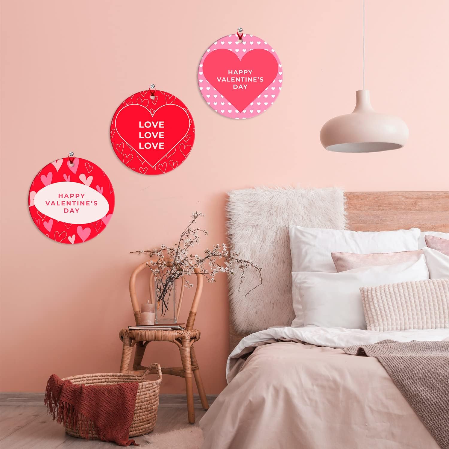Soul Décor Valentines Ornaments Décor, Happy Valentines Day Love, Large 8" Round Metal Ornament, with Red Satin Ribbon