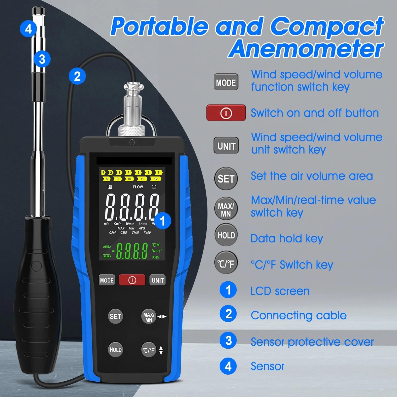 Anemometro, Anemometro a filo caldo, misuratore di portata d'aria portatile 3 in 1 (CFM/CMM/CMS), misuratore di velocità e temperatura del ricaricabile, sonda telescoa