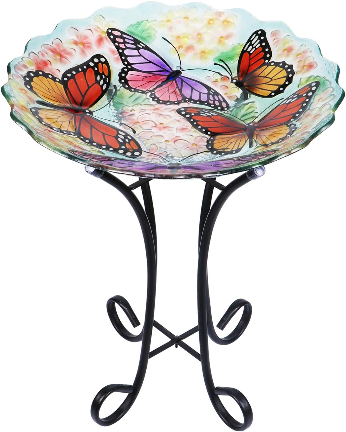 VCUTEKA Glass Bird Bath Outdoor with Metal Stand for Lawn