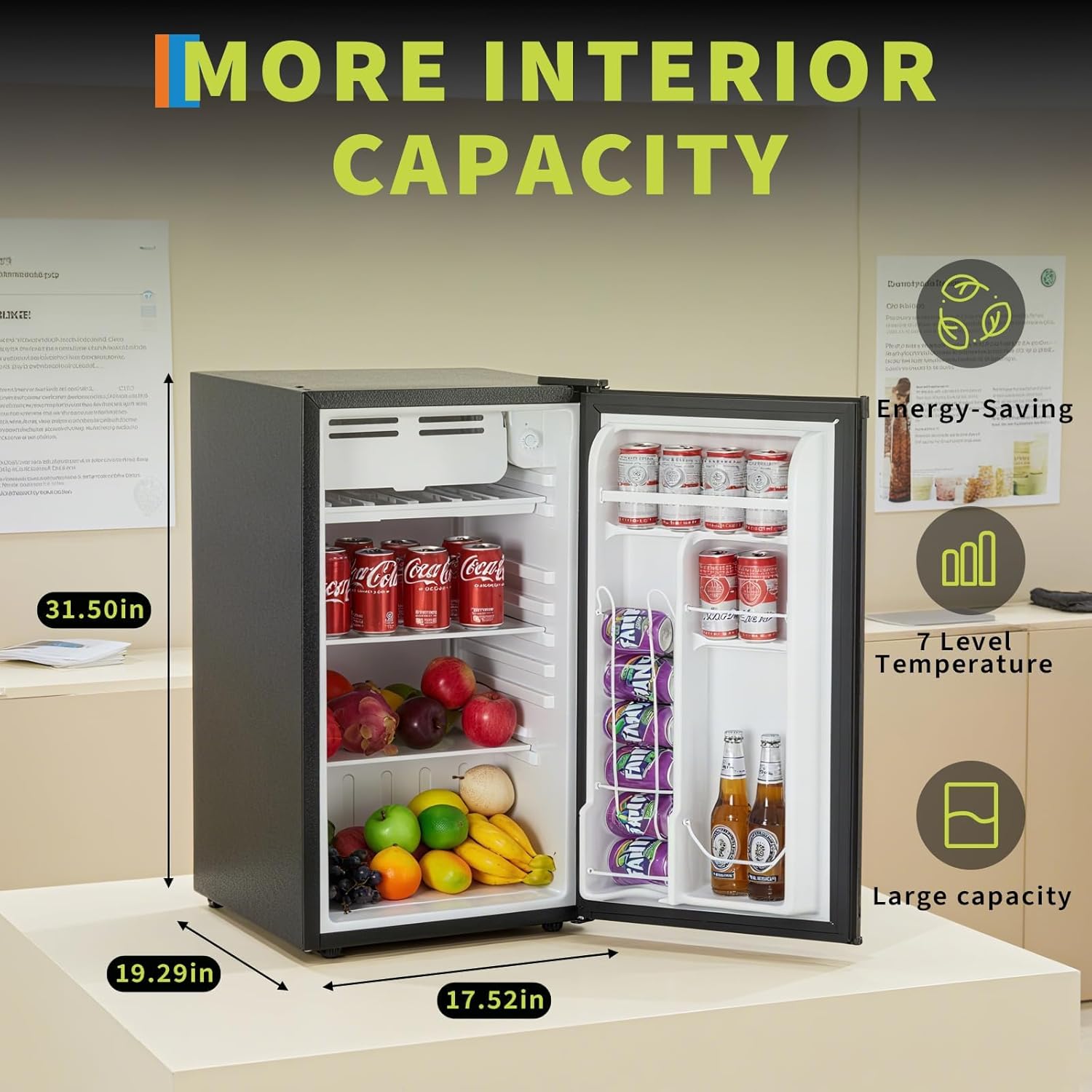 3.2 Cu. ft. Compact Refrigerator with Freezer, Energy-Efficient Mini Fridge, Single Door, Adjustable Thermostat, Quiet Operation, Removable Shelves & Crisper, LED Light for Dorm, Bedroom, Kitchen