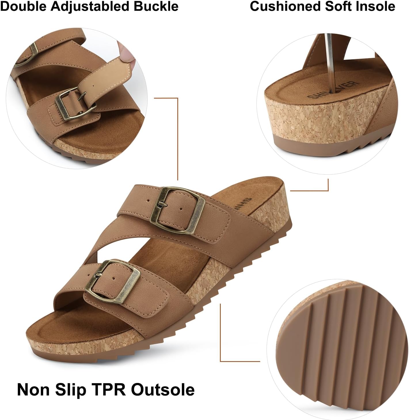 SHIBEVER Comfortable Slides Sandals for Women: Wedge Adjustable Buckle Slip on Slide - Arch Support Open Toe Woman Sandal