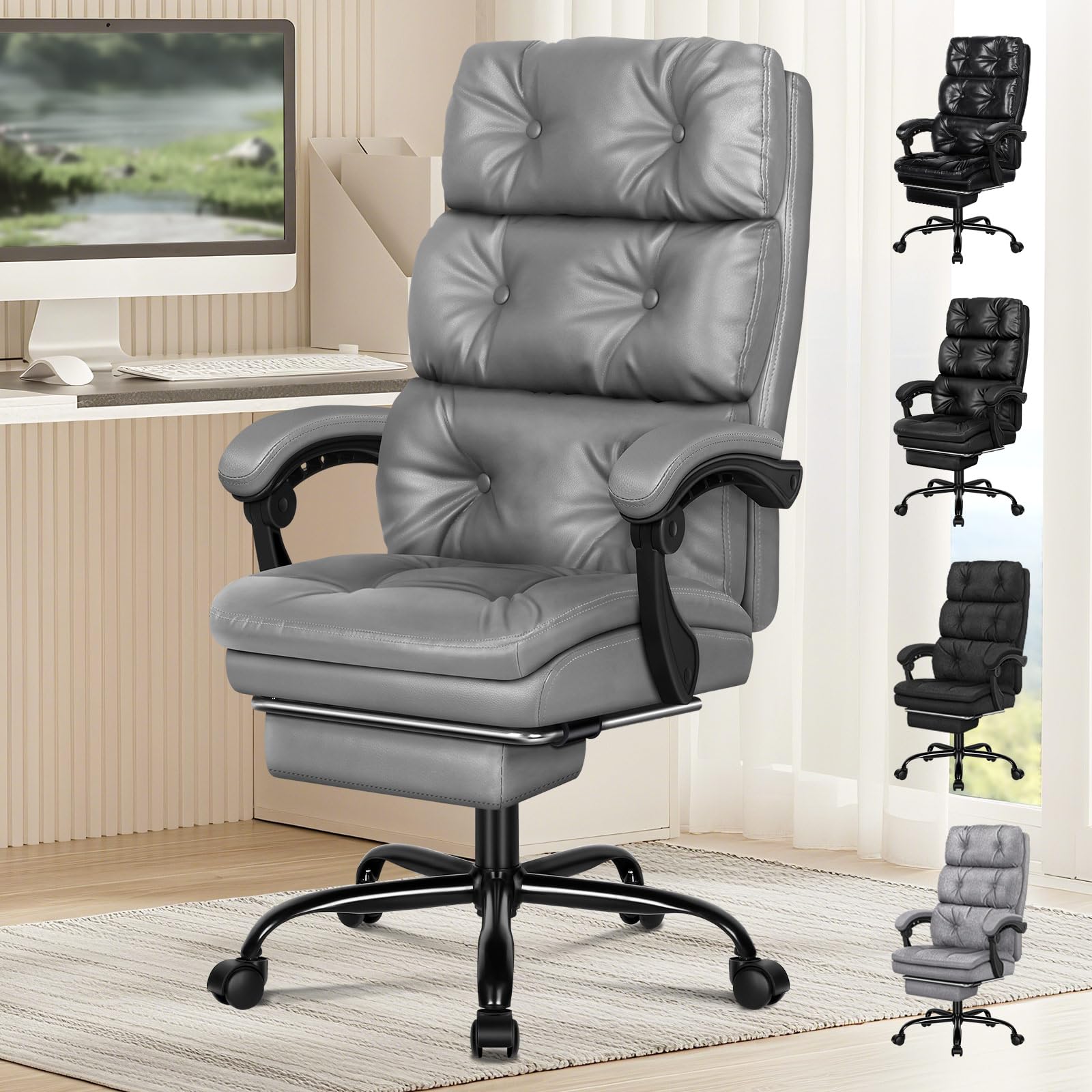 ELFORDSON Executive Office Chair with Dual-layer Cushion, Computer Desk Chairs with Armrest Footrest, High Back 150° Recliner Tilting 360° Swivel, Loads 180KG, PU Leather, Grey
