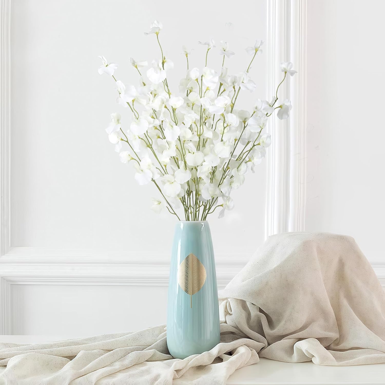 IPOPU 8PCS White Sweet Pea Flowers Artificial 39" Tall Fake Flowers Faux Silk Flowers Long Stem Artificial Flowers for Tall Vase Wedding Party Home Decoration(White)