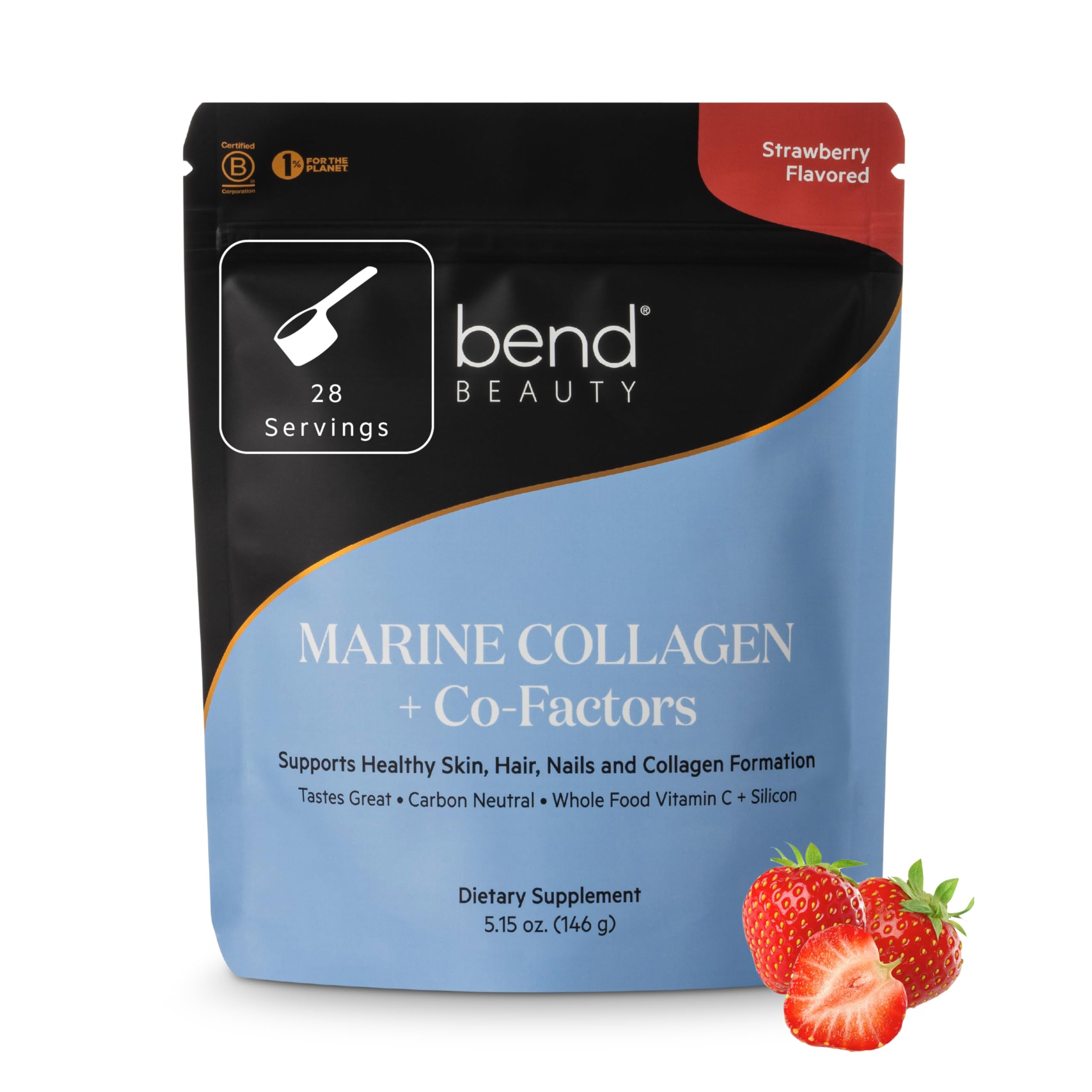 Bend Beauty Marine Collagen + Co-Factors | Strawberry Flavored Collagen Powder | Hydrolyzed Collagen Supplement | Fish Collagen Peptides + Silicon + Vitamin C | Supports Healthy Skin, Hair & Nails