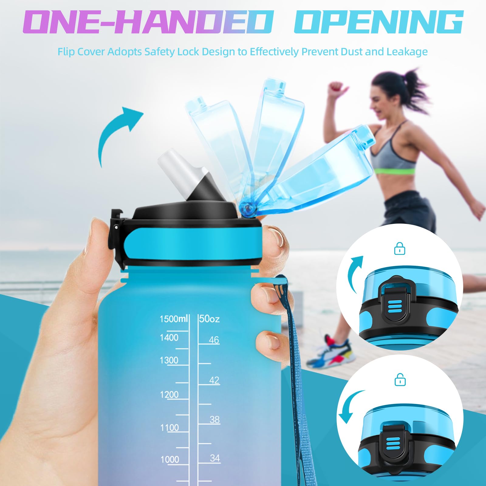 KollyKolla Gourde 1.5L Sport, Grande Gourde Gym, Étanche Et Réutilisable, Bouteille D'eau Avec Marqueur De Temps Et Paille, Gourdes Sans BPA Pour Adulte, L' école, Voyage, Camping, Randonnée