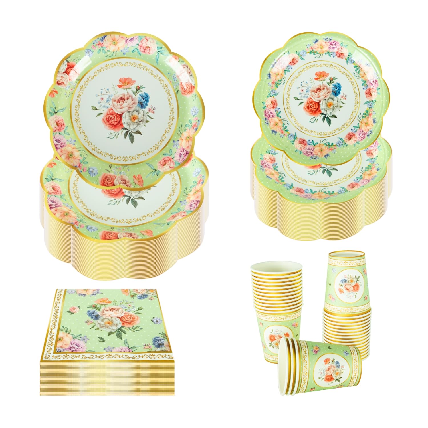 Set da tavola vintage per 30 ospiti, piatti di carta, tovaglioli e tazze da tè, motivo floreale verde, stoviglie di carta in stile britannico classico per giardino, tè pomeridiano, baby shower