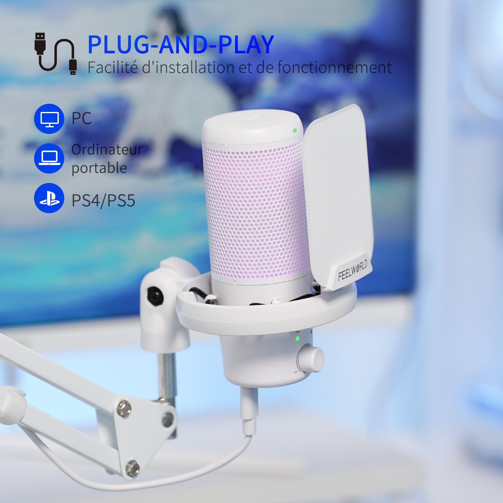FEELWORLD VM1 USB Gaming Microphone Avec Support Cantilever Pour L'enregistrement de Podcasts,Jeux Vidéo,Microphone De Studio Pour PC,Blanc Avec Pointage Cardioïde,Éclairage RGB,Maille Anti-Projection