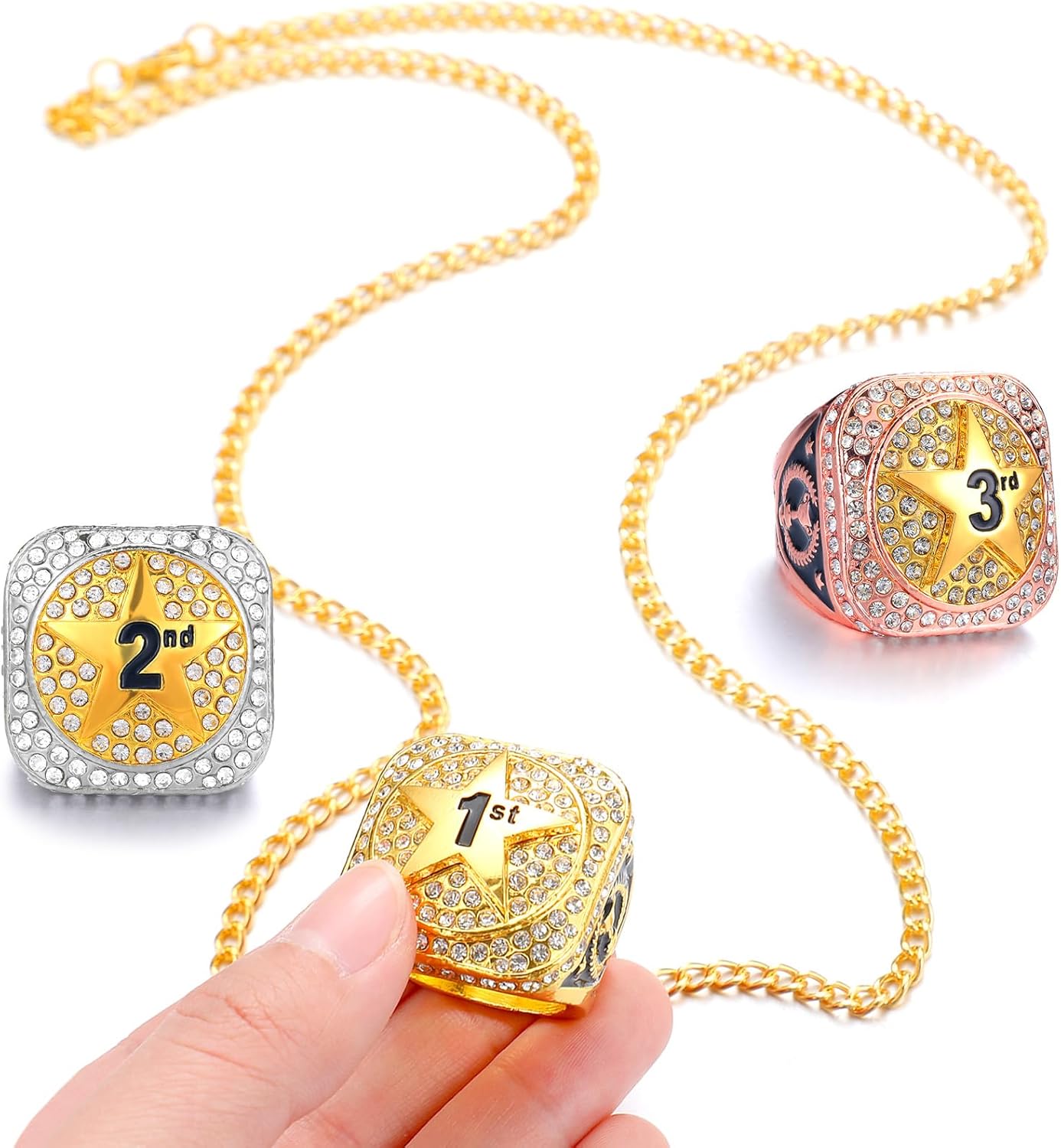 Highergo 3 Pcs 1st 2nd 3rd Place Championship Trophy Ring with Display Neck Chain and Stand Finalist Participant Gold Silver Bronze Tone Finalist Participant Ring for Finalist Participant Match