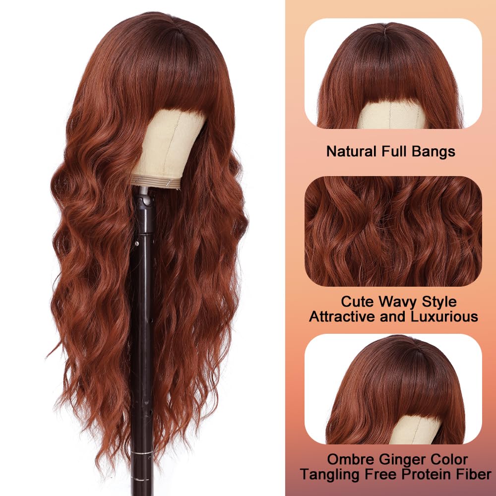 long ginger orange wigs with bangs 26inch wavy curly hair for women tangle free soft natural looking premium heat resistant protein fiber daily party use 26 inch ginger