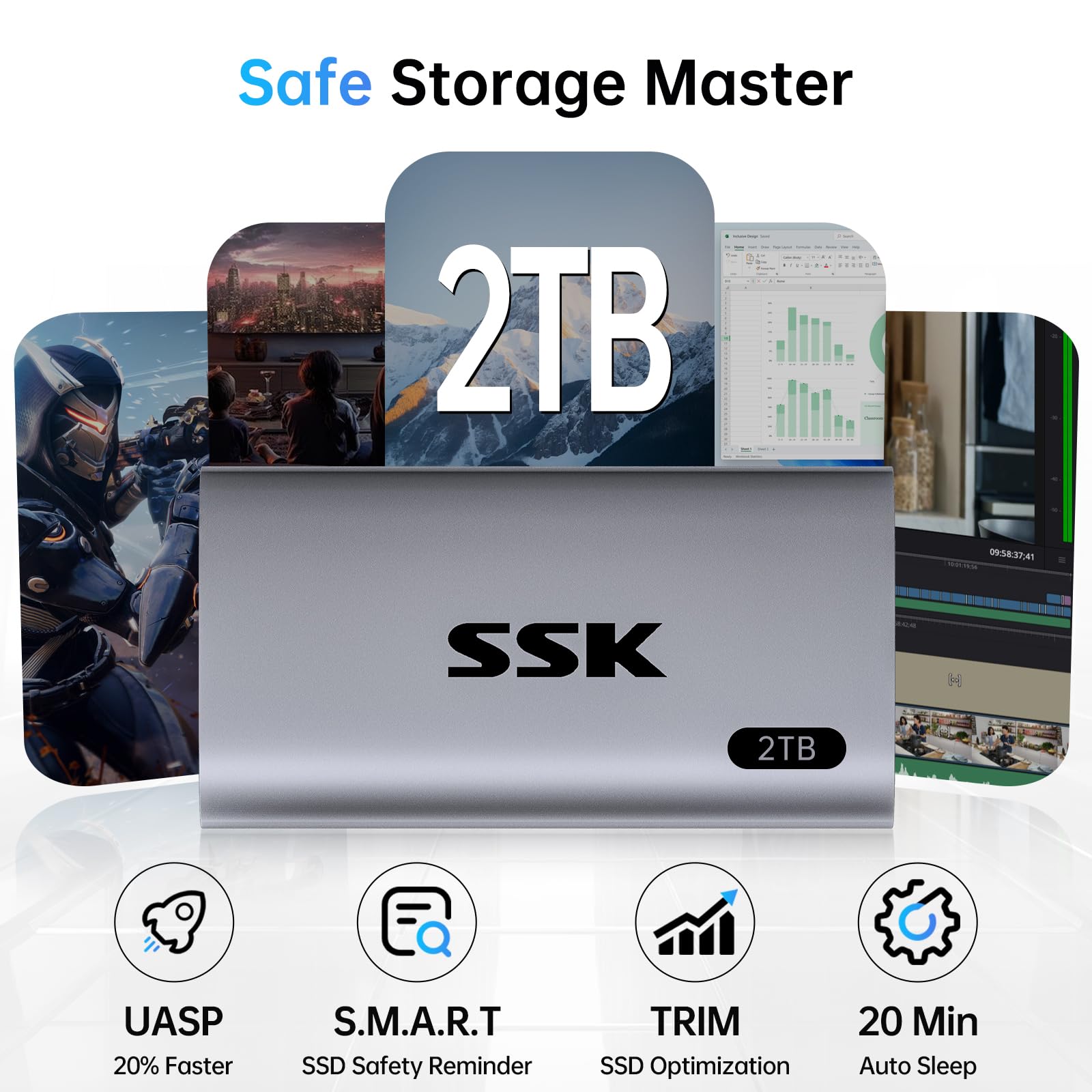 SSK 2 TB Extreme SSD Portatile, Disco Rigido Esterno SSD fino a 550 MB/s, unità a Stato Solido Esterne USB 3.2 Gen2 per iPhone 15/Pro, Windows, Mac, Android con luce LED, TRIM, SMART supportato