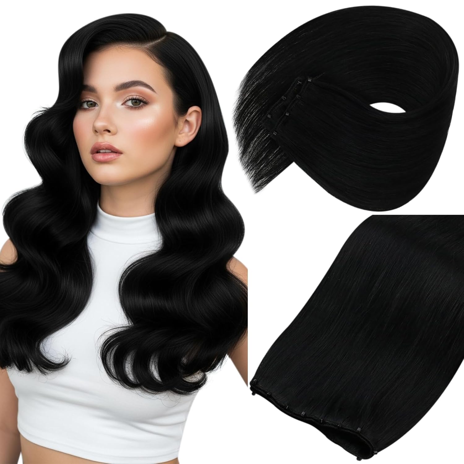 Sunny Hair Beaded Weft Hair Extensions Human Hair 24inch Black Micro Bead Weft Hair Extensions Real Human Hair Jet Black Long Straight Hair Pre Beaded Weft Extensions For Women Real Hair 50g