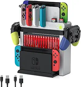 Organizador de Jogos para Nintendo Switch com Carregador de Controles para Nintendo Switch e Modelos Oled (Projetado para Splatoon 3), Base de Carregamento para Switch Que Carrega Até 6