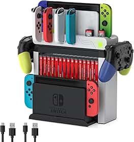 Organizador de Jogos para Nintendo Switch com Carregador de Controles para Nintendo Switch e Modelos Oled (Projetado para Splatoon 3), Base de Carregamento para Switch Que Carrega Até 6
