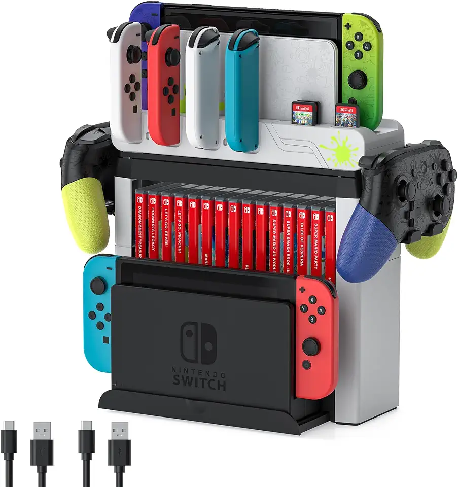 Organizador de Jogos para Nintendo Switch com Carregador de Controles para Nintendo Switch e Modelos Oled (Projetado para Splatoon 3), Base de Carregamento para Switch Que Carrega Até 6