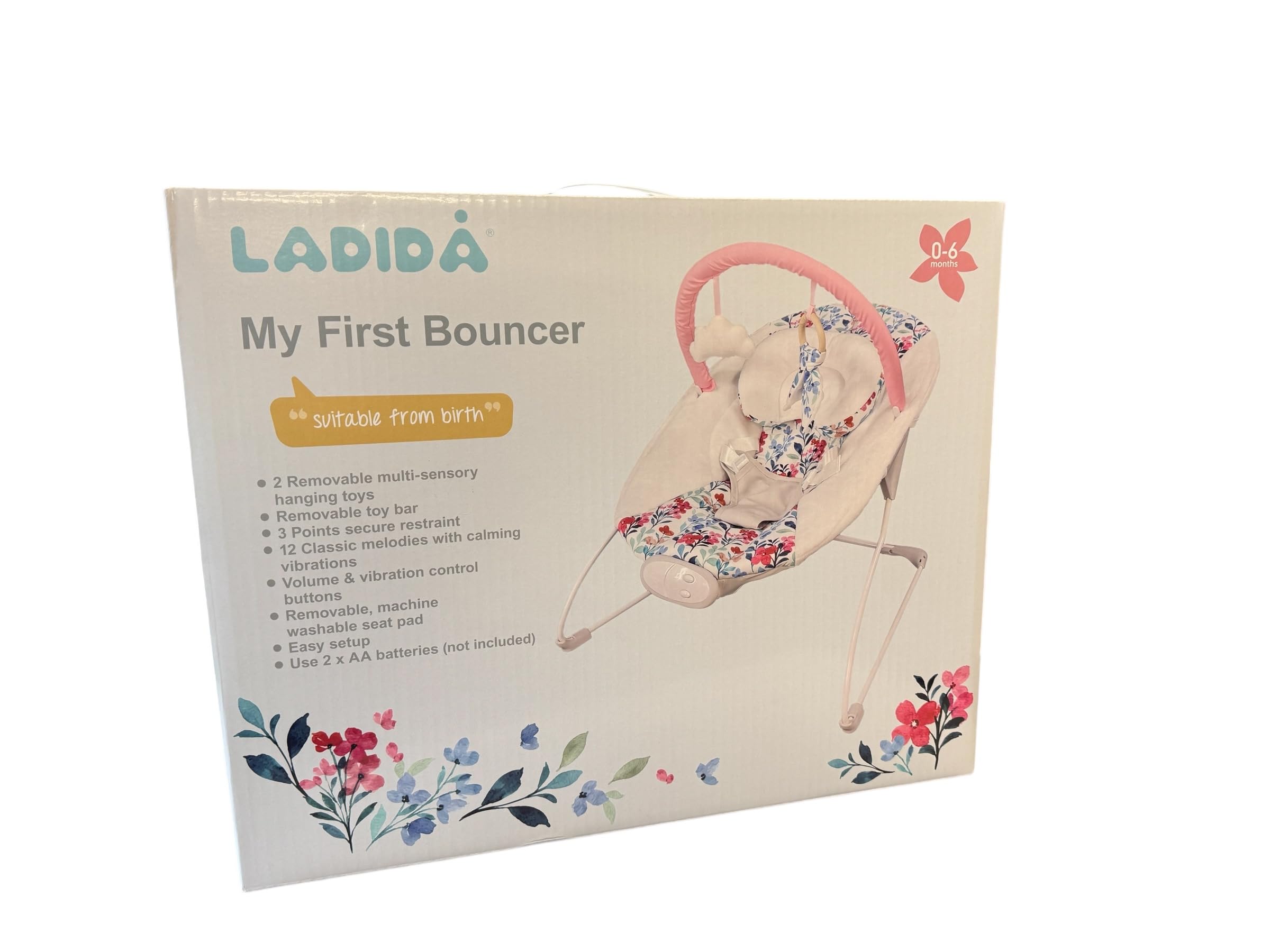 LADIDA My First Baby Sdraietta con Musica Lenitiva e Vibrazione, Barra Giocattolo Rimovibile con 2 Giocattoli Adatto per Neonati