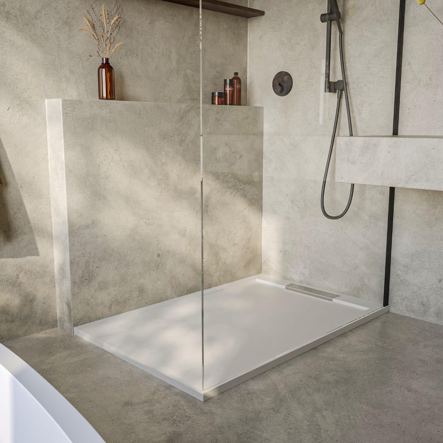 SoulHome Plato de Ducha Resina BLANCO ROTO 110X70 Diseño Elegante | Antideslizante C3, Extraplano, Resina y carga mineral, Textura Liso Piedra, Antibacteriano, Gel-coat, Incluye válvula desagüe