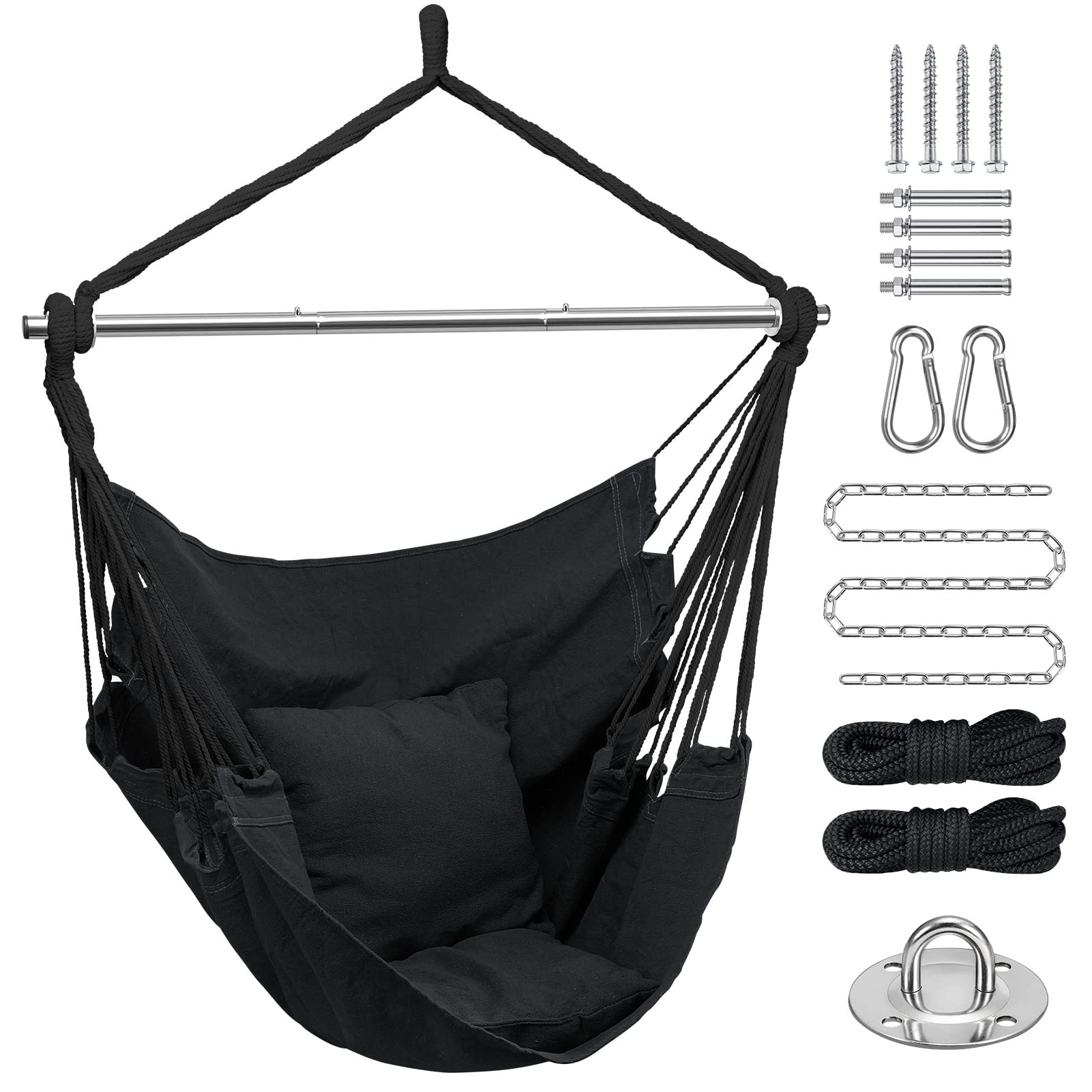 Hammock Chair Hanging Rope Swing No Pillows, Hanging Chair Portable Detachable Metal Support Bar Hammock Chair Swing with Hardware Kit for Outdoor Bedroom Backyard Deck Camp Beach(Black)