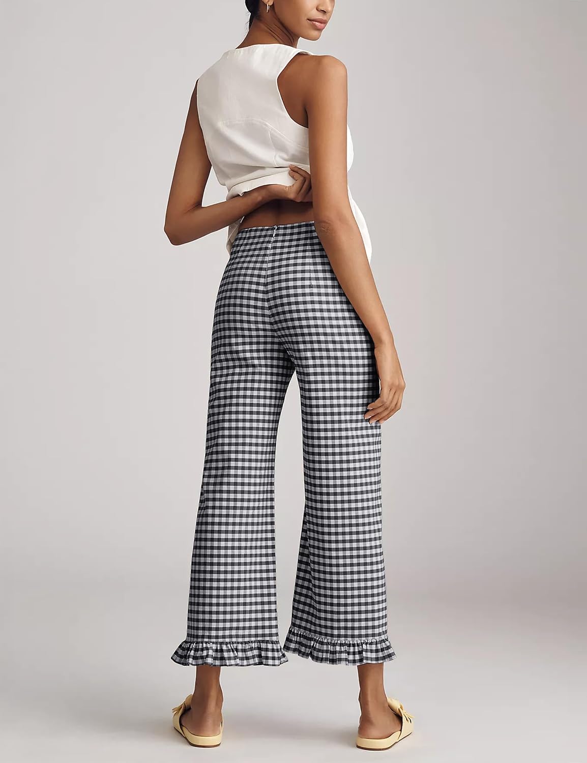 Women's Plaid Flare Pants Summer Casual Gingham Elastic Waist Ruffle Cropped Hem Y2K Loose Fit Trousers with Pockets