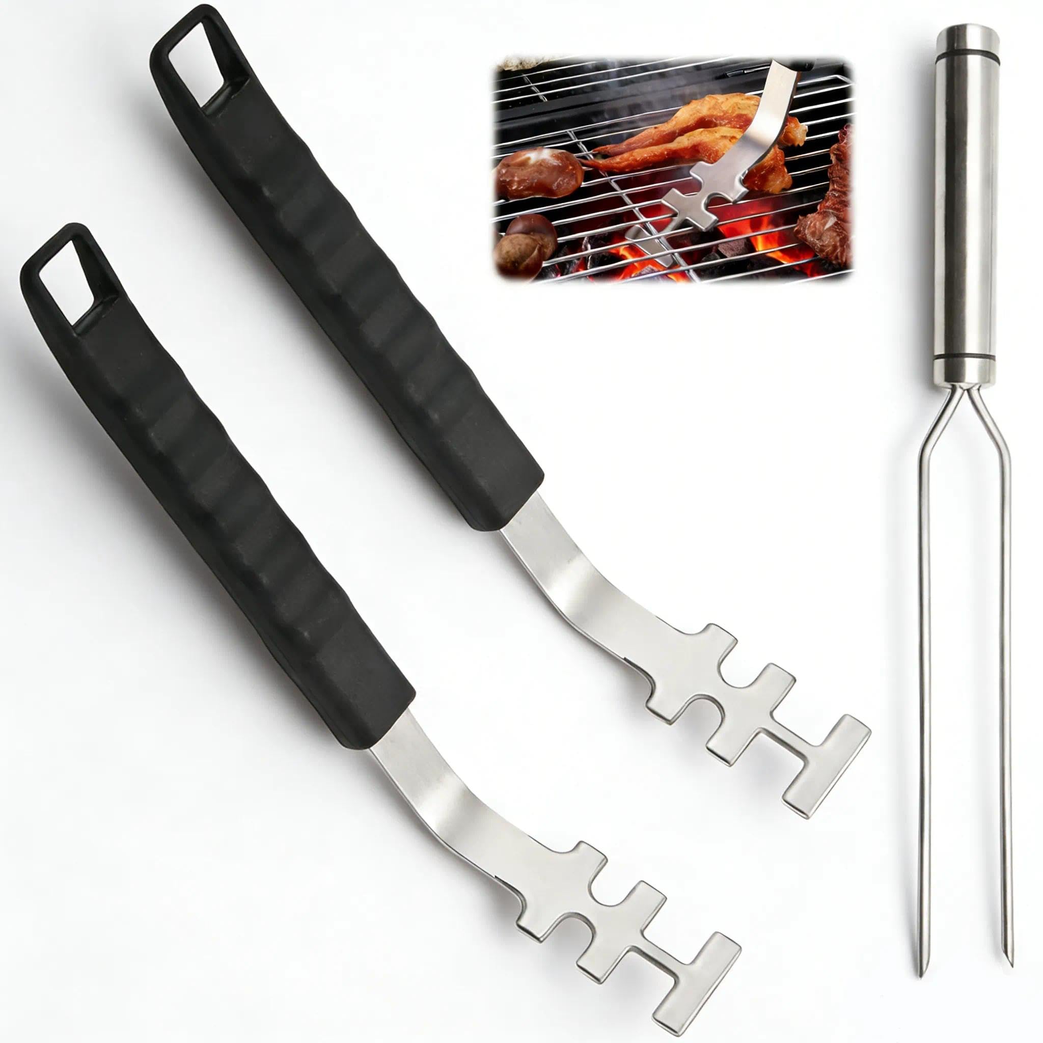 2 Piezas Resistente Parrilla Levantador de 27 cm de Largo, Levantador Barbacoa Parrilla con Un Tenedor, Barbecue Grate Lift Tool de Acero Inoxidable, para Hogar, Camping, Parrillas de Barbacoa