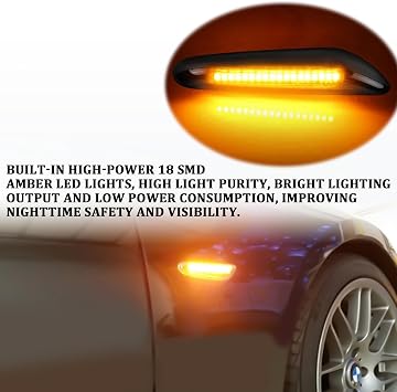 2PCS LED Side Marker Lights Compatible with BMW 1 3 5 Series E36 E46 E60 E87 E90 E92 X1 X3, Driver & Passenger Side Front Fender Turn Signal Smoked Lens Dymanic Amber Lights, Car Accessories