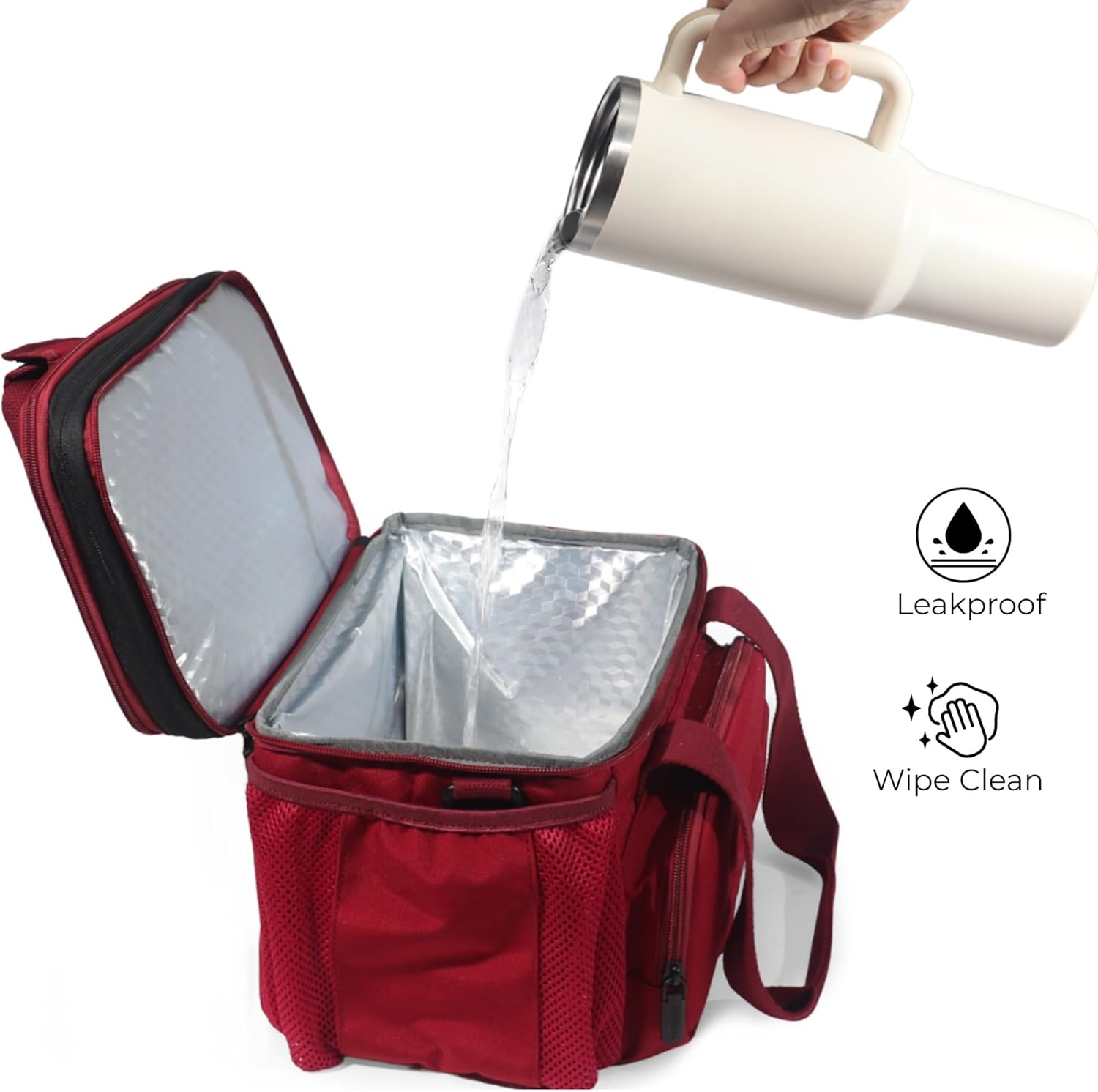 Dual Compartment Lunch Bag, 12L Insulated Leakproof Lunch Box, 13 Cans Capacity (Burgundy)