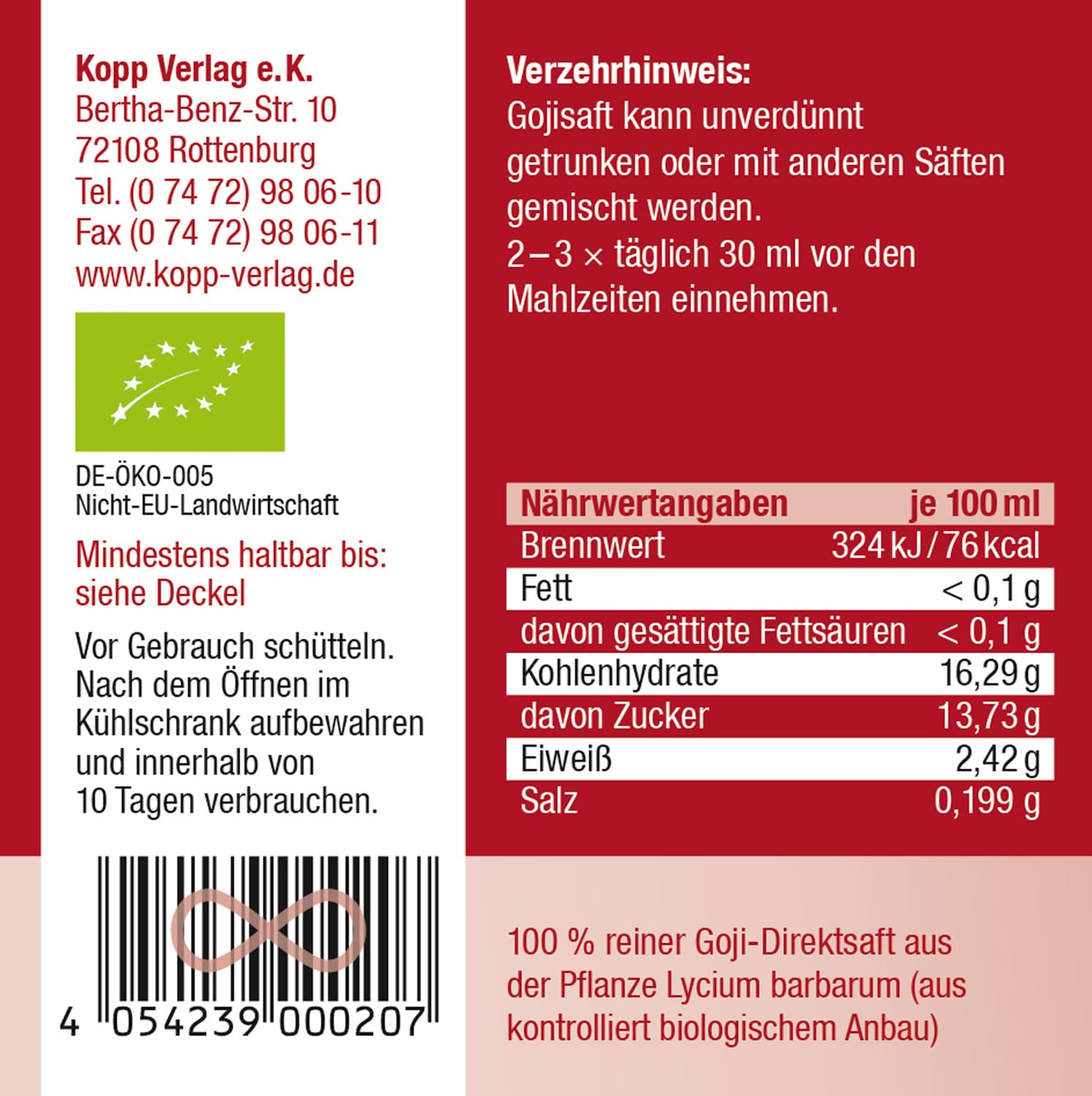 KOPP Vital® Bio-Gojisaft | Direktsaft | Karton mit 6 x 500ml | Bio-Qualität, schmeckt süß