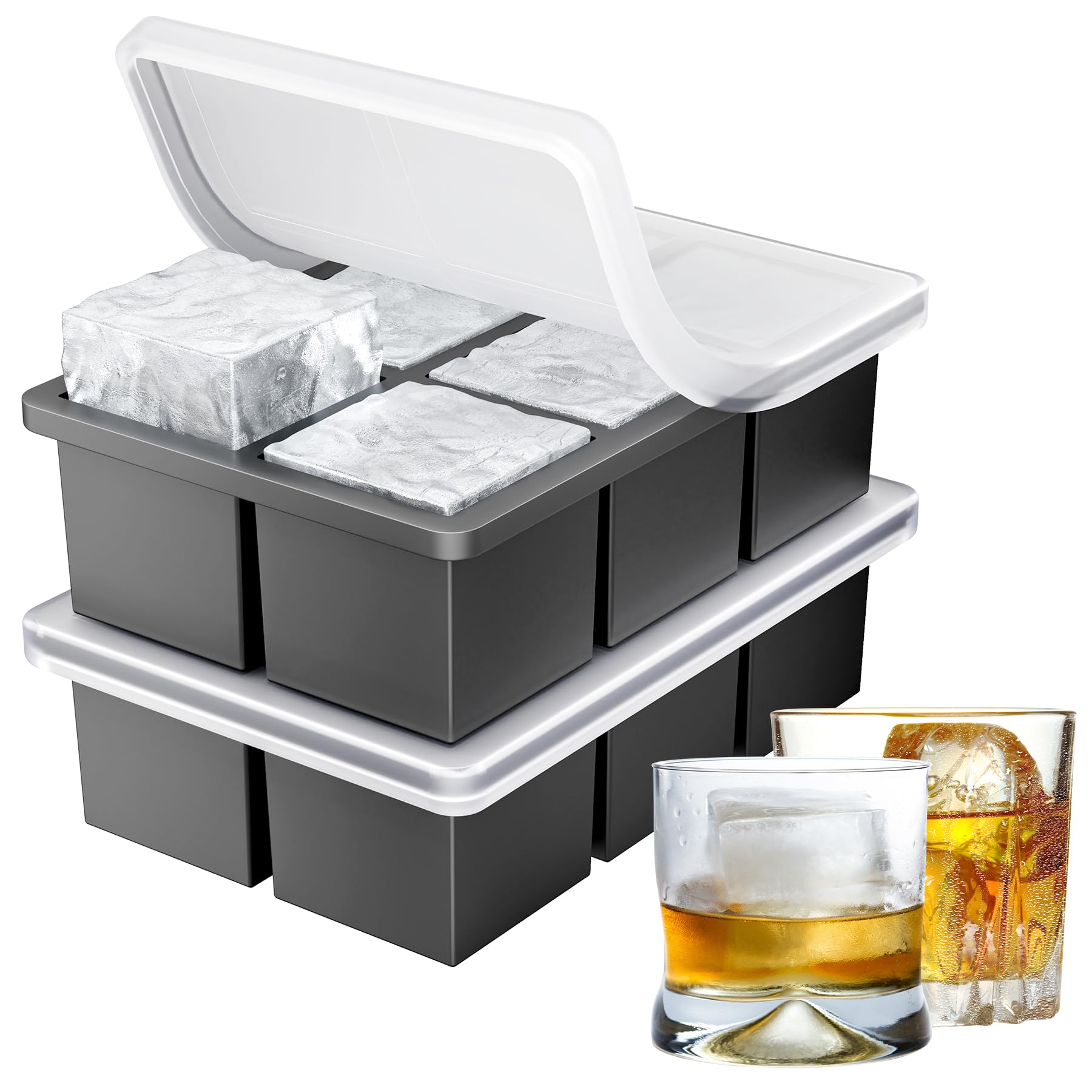 3 stampi per cubetti di ghiaccio, in silicone, XL, con coperchio, impilabili e lavabili in lavastoviglie, per birra, vino, whisky, cocktail e snack inclusi, senza BPA (3