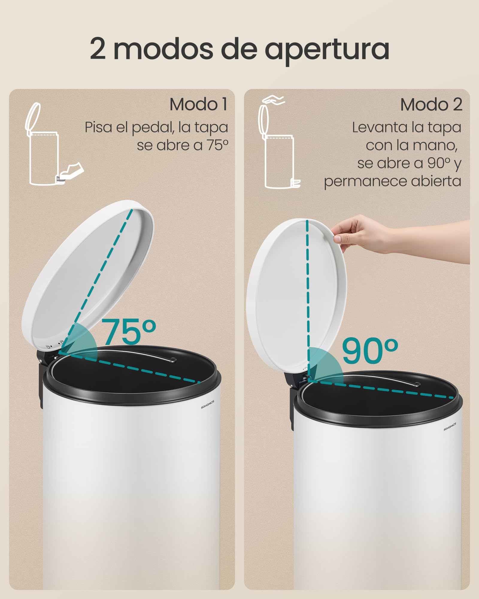 SONGMICS Cubo de Basura Redondo, Basurero con 15 Bolsas, Pedal de Metal, Cubeta Interior Extraíble de Plástico, Asa, Cierre Amortiguado, Acero, 30 L, Blanco Nube LTB031WZ02