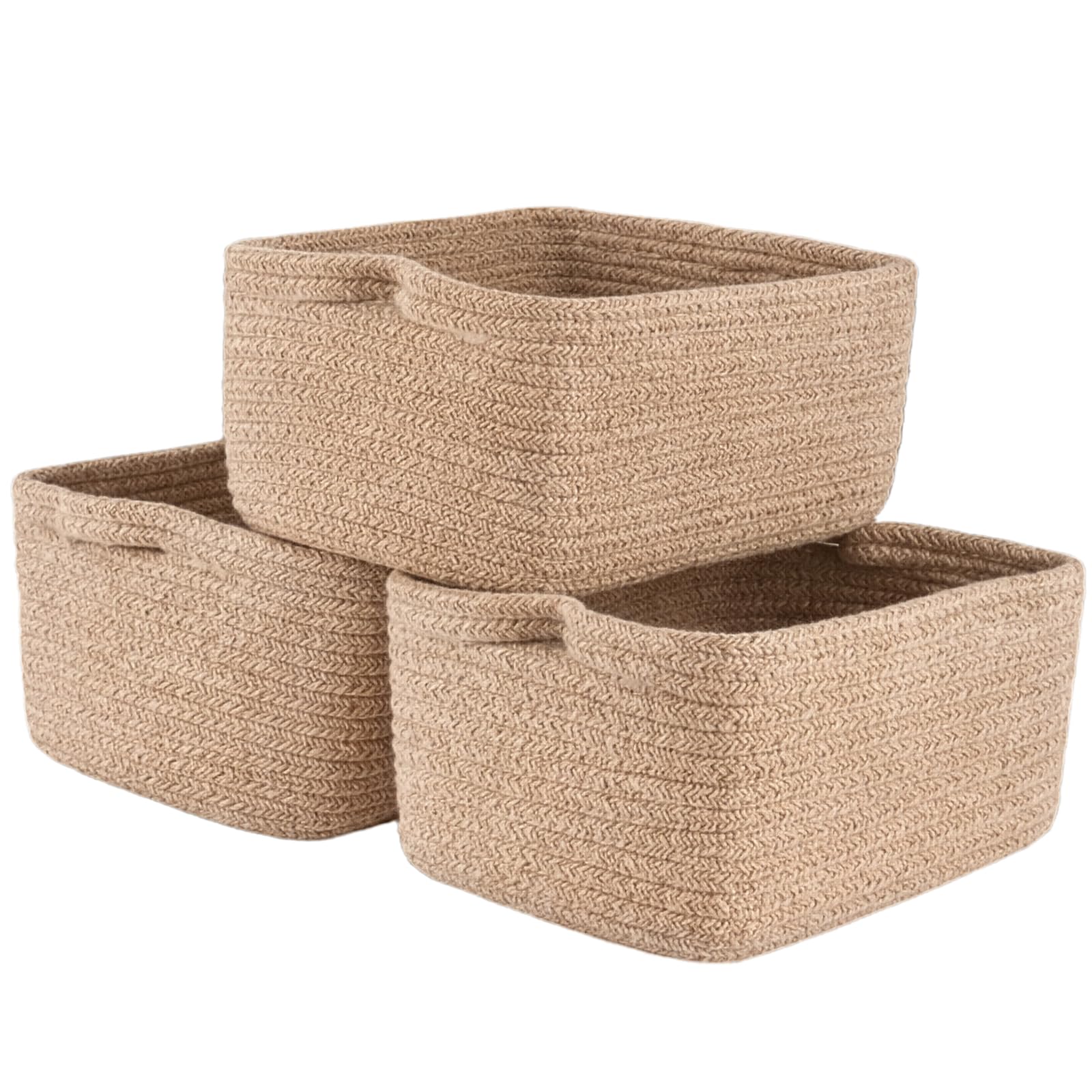 SUNNYNEST Storage Basket 3 Packs Small Woven Rope Baskets 25x22x13.5cm Woven Organizers for Books, Toys, or Decorative Organizer Cube Decorative Box (Brown M)