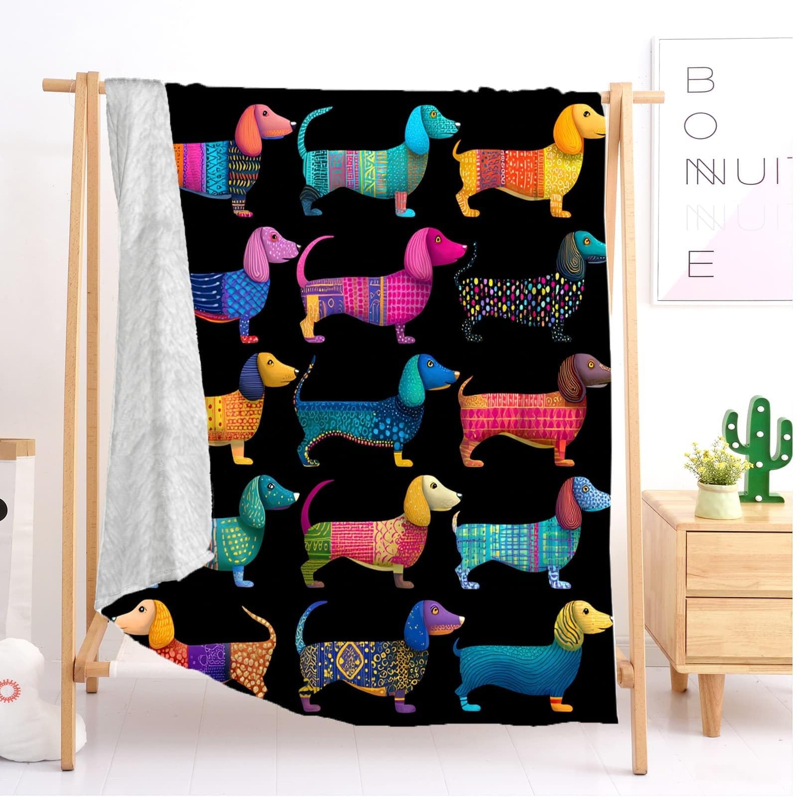 Générique Koc polarowy XXL 180 x 220 cm jamnik zwierzęcy flanelowy pluszowy miękki i ciepły czarny koc na sofę w podróży gruby i termiczny