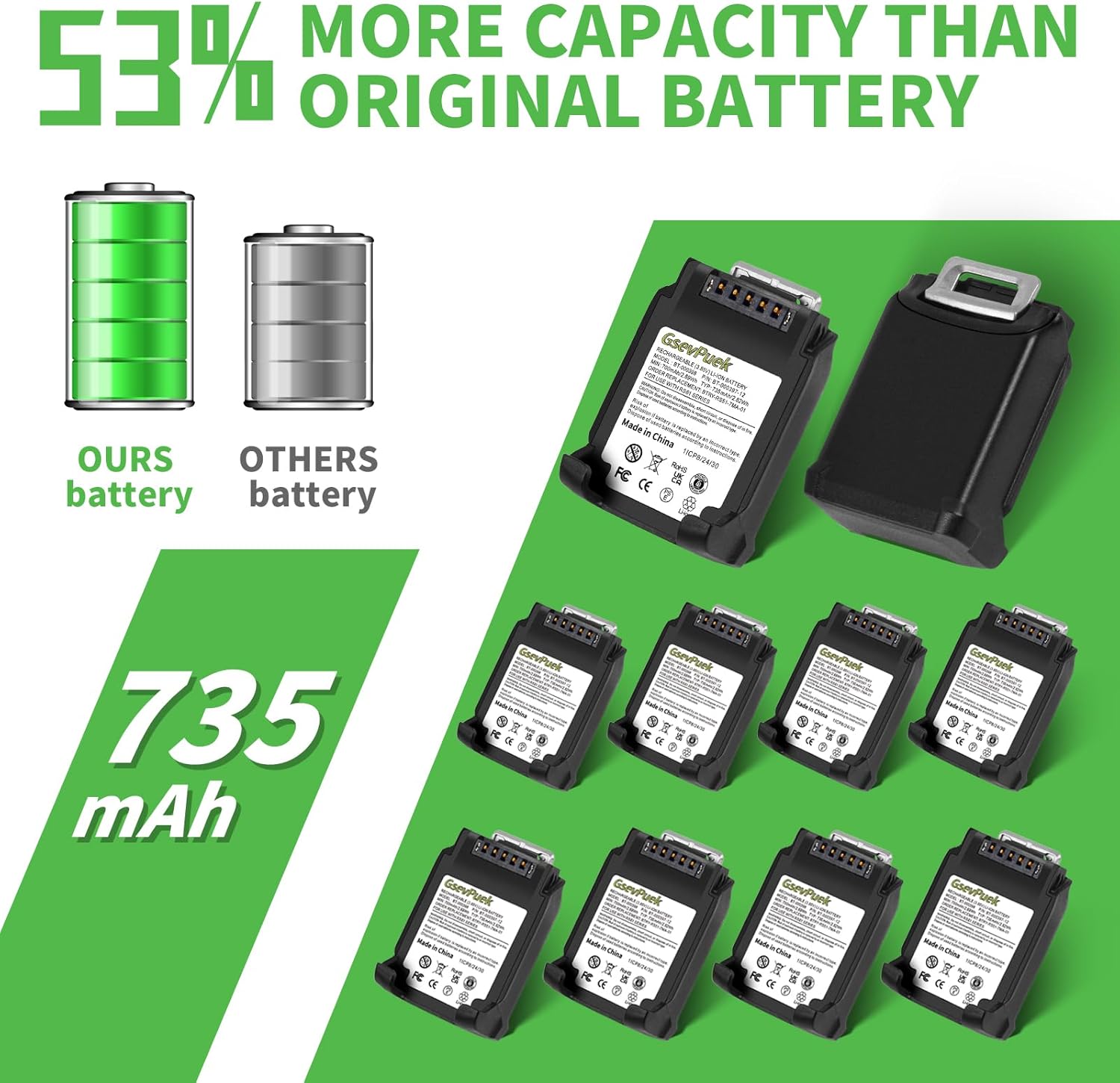 10-Pack 735mAh RS5100 Battery Extended,for Zebra RS5100 RS61 RS51 RS6100 2D RS51C0 RS60B0 Wearable Scanner Battery,BT-000397 BTRY-RS51-4MA-01 BTRY-RS51-7MA-01.