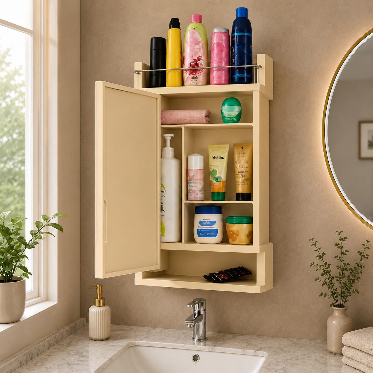 KRELIX Plastic Premium Multipurpose Wall Mounted Storage Cabinet with Mirror β Space-Saving Bathroom & Bedroom Organizer, Sleek Modern Design (Ivory) 1