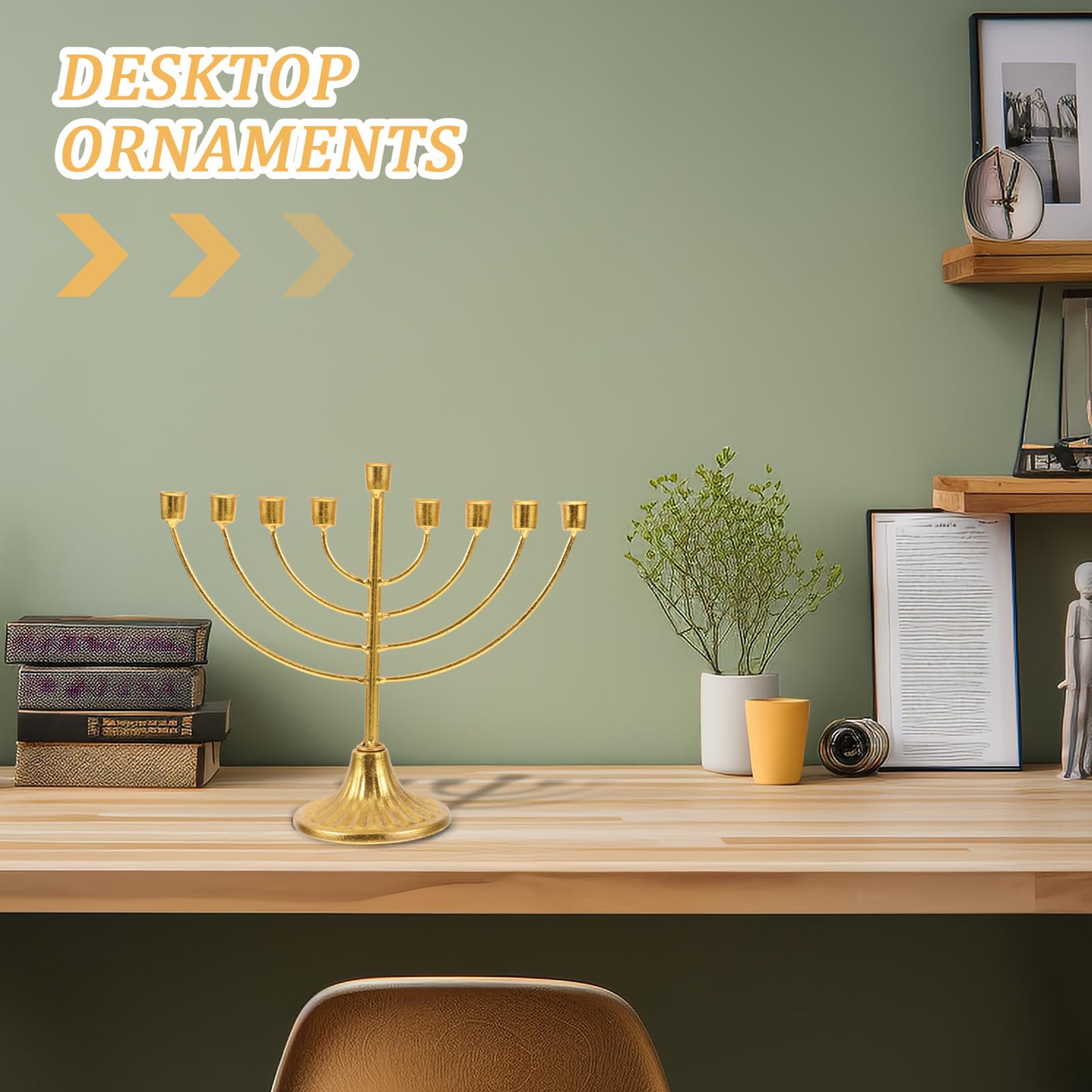 Menorah Ebraico a 9 Bracci, Candelabro in Ferro Dorato, Ornamenti da Tavolo per Decorazione Casa