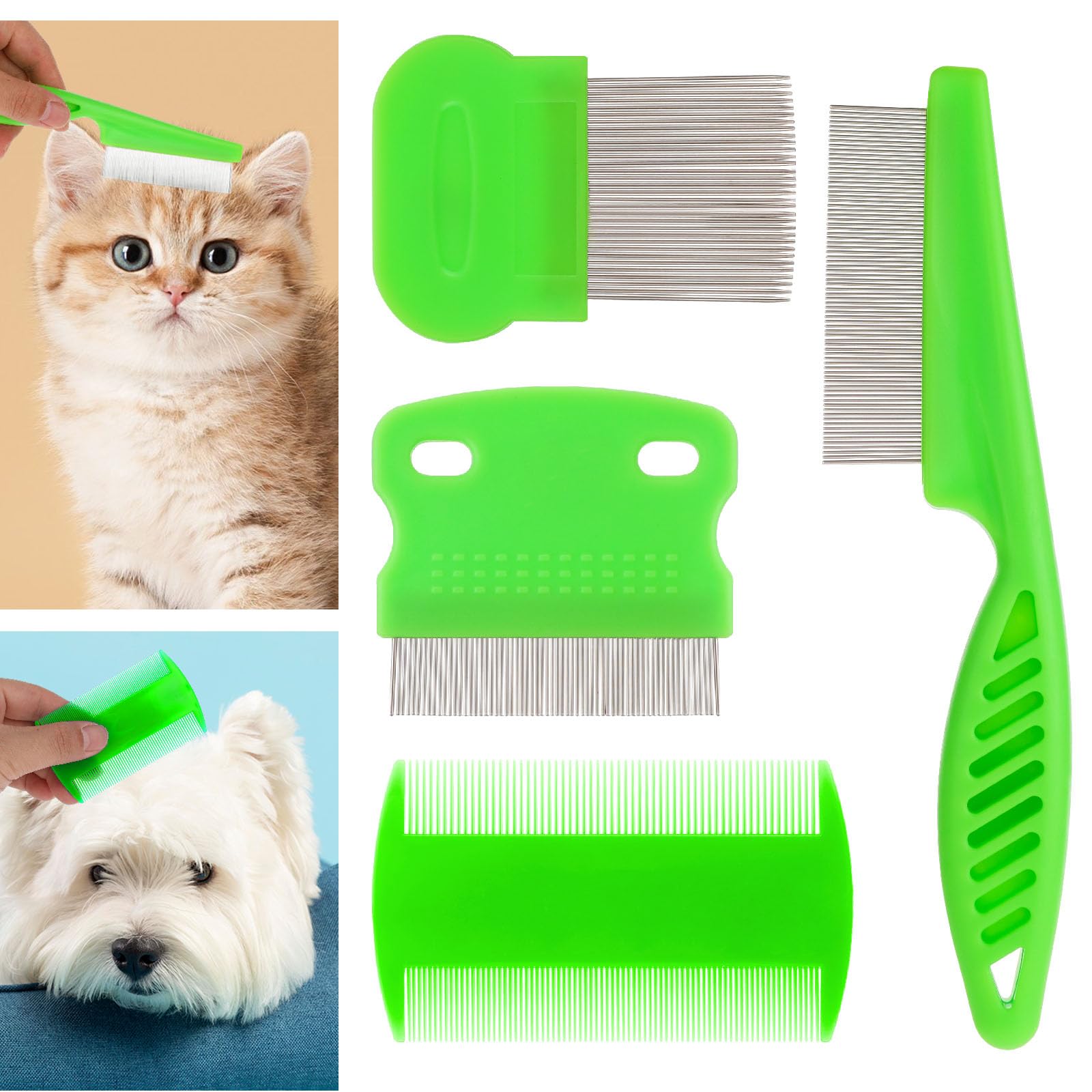 Molain Peine de pulgas para gatos y perros, juego de peine removedor de manchas de lágrimas para mascotas, peine de aseo para perros y gatos (verde)
