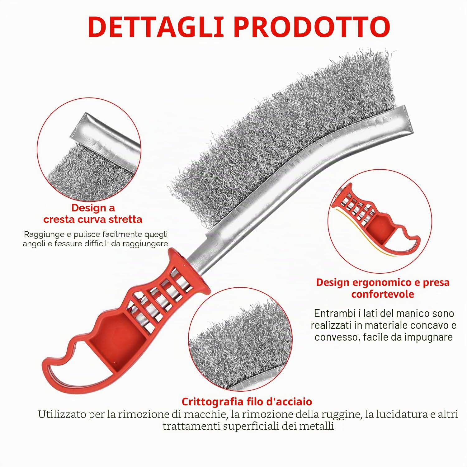 3 Pezzi Spazzola Acciaio Set in Acciaio Inox E Ottone E Nylon E Acciaio al Carbonio, Spazzola Metallica con Manico in Plastica, Spazzola di Ferro per Pulizia Vernice, Polvere, Legno, Togli Ruggine