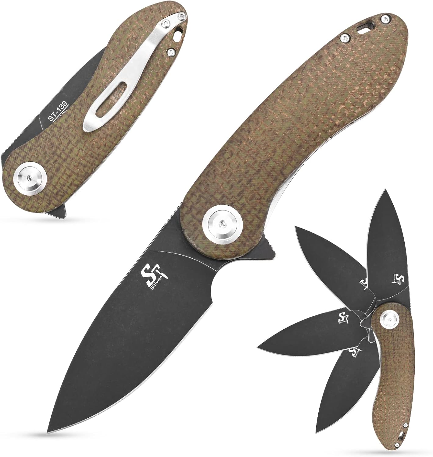 Sitivien ST139 Sandvik 14C28N Steel Blade Folding Knife, Micarta Handle EDC Tool Knives for Outdoor Camping, Hiking, Hunting, Survival(Green)