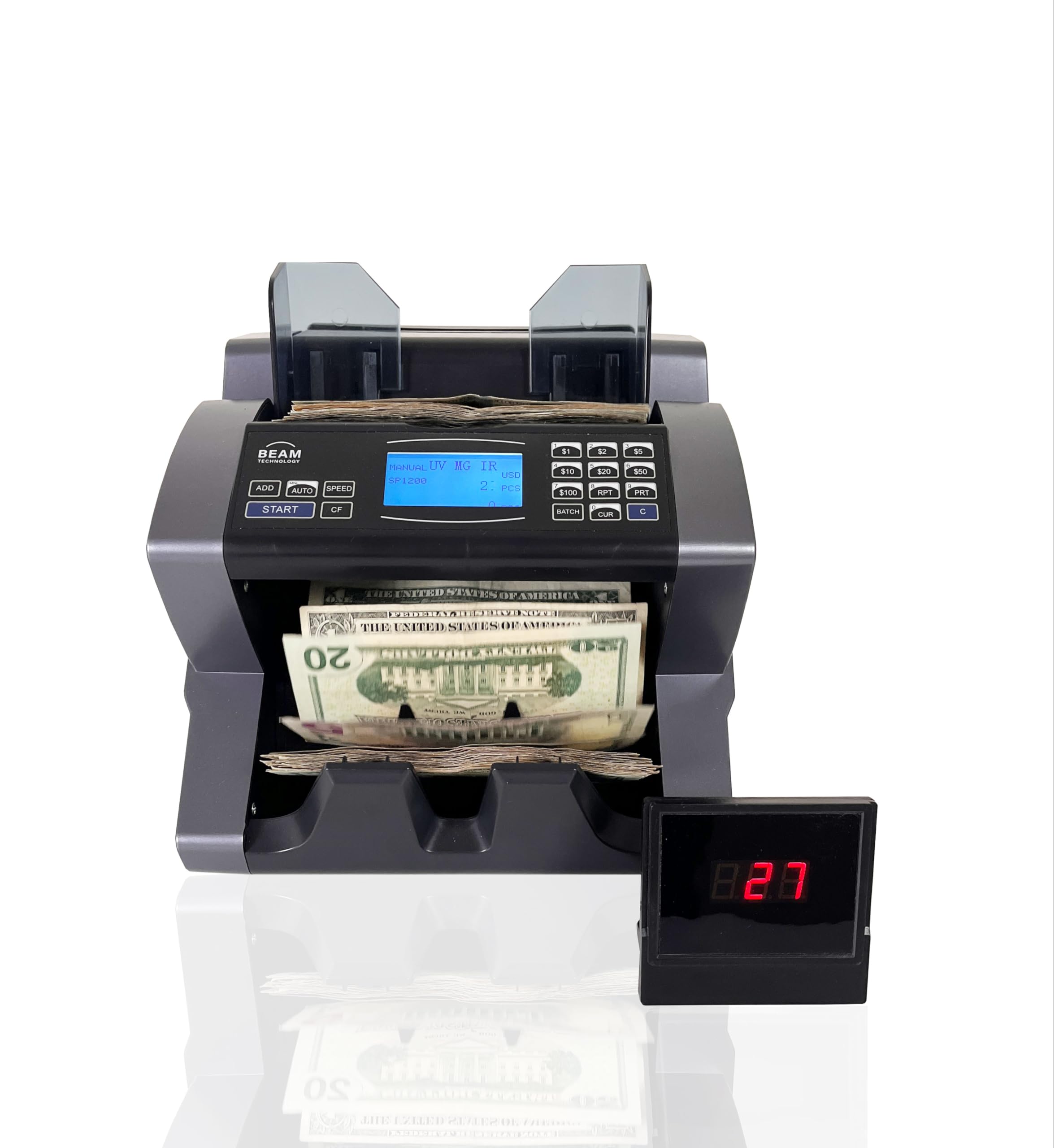 High Speed Money Counter Machine with Value Count USD/MXN/CAD, UV/MG/IR/DD Counterfeit Bill Detector, Add and Batch Modes, Cash Counter with LCD