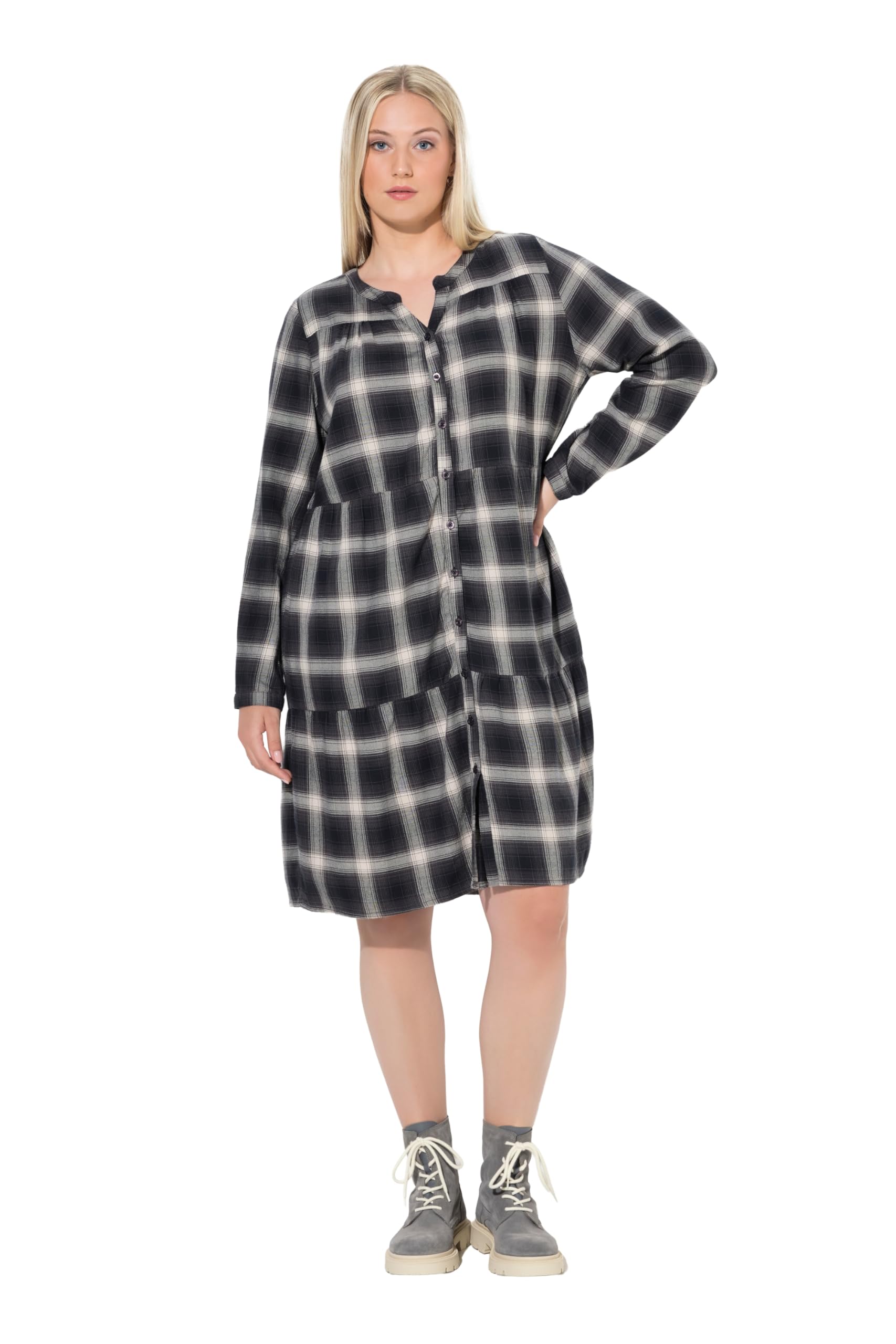 Ulla Popken Damen große Größen Übergrößen Plus Size Kleid, Karo, A-Linie, Tunika-Ausschnitt, Langarm 841871