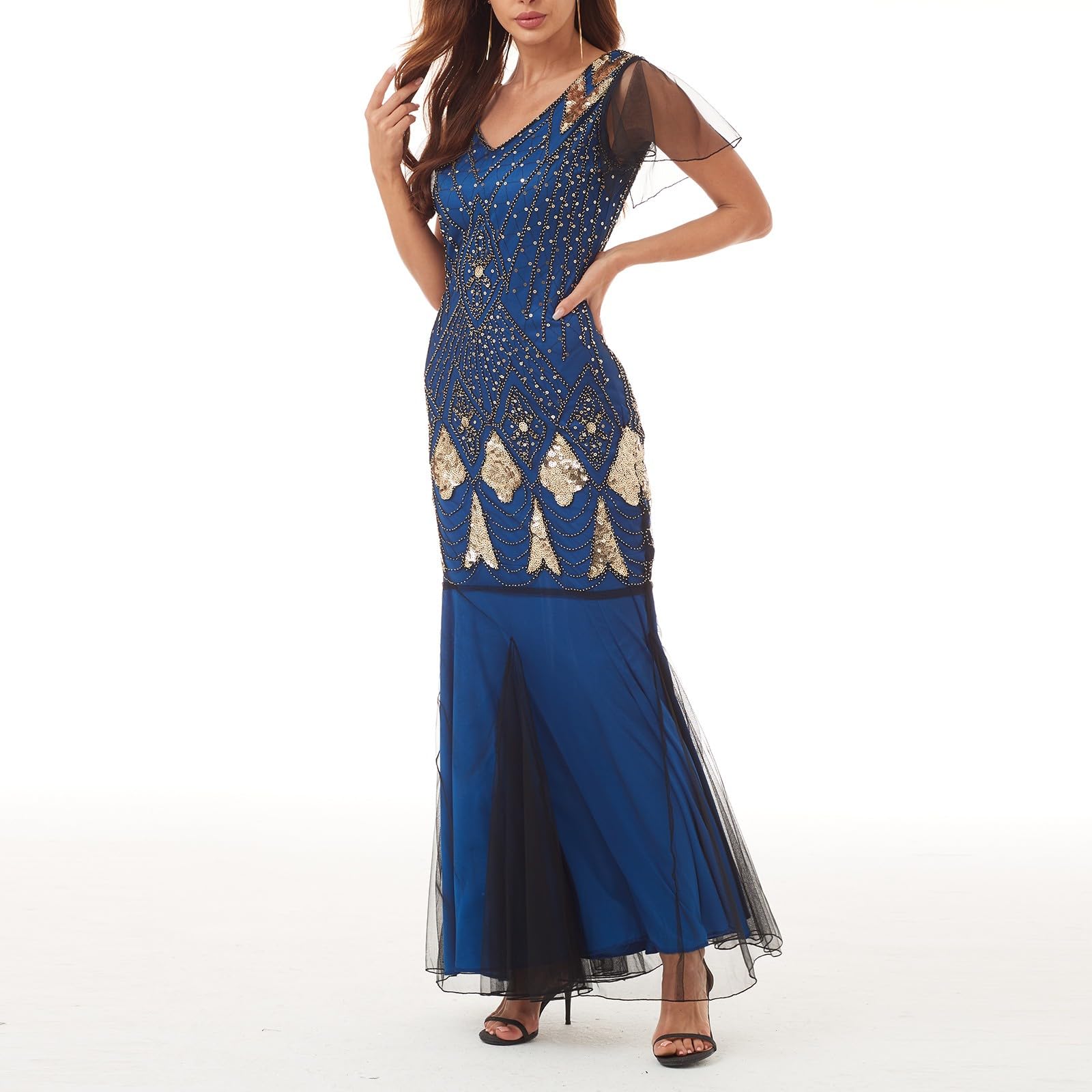 Abito da sera da donna anni '20, con scollo a V, con paillettes, con frange, retrò, lungo, con brillantini, sexy, a maniche lunghe, per cocktail, feste, matrimoni