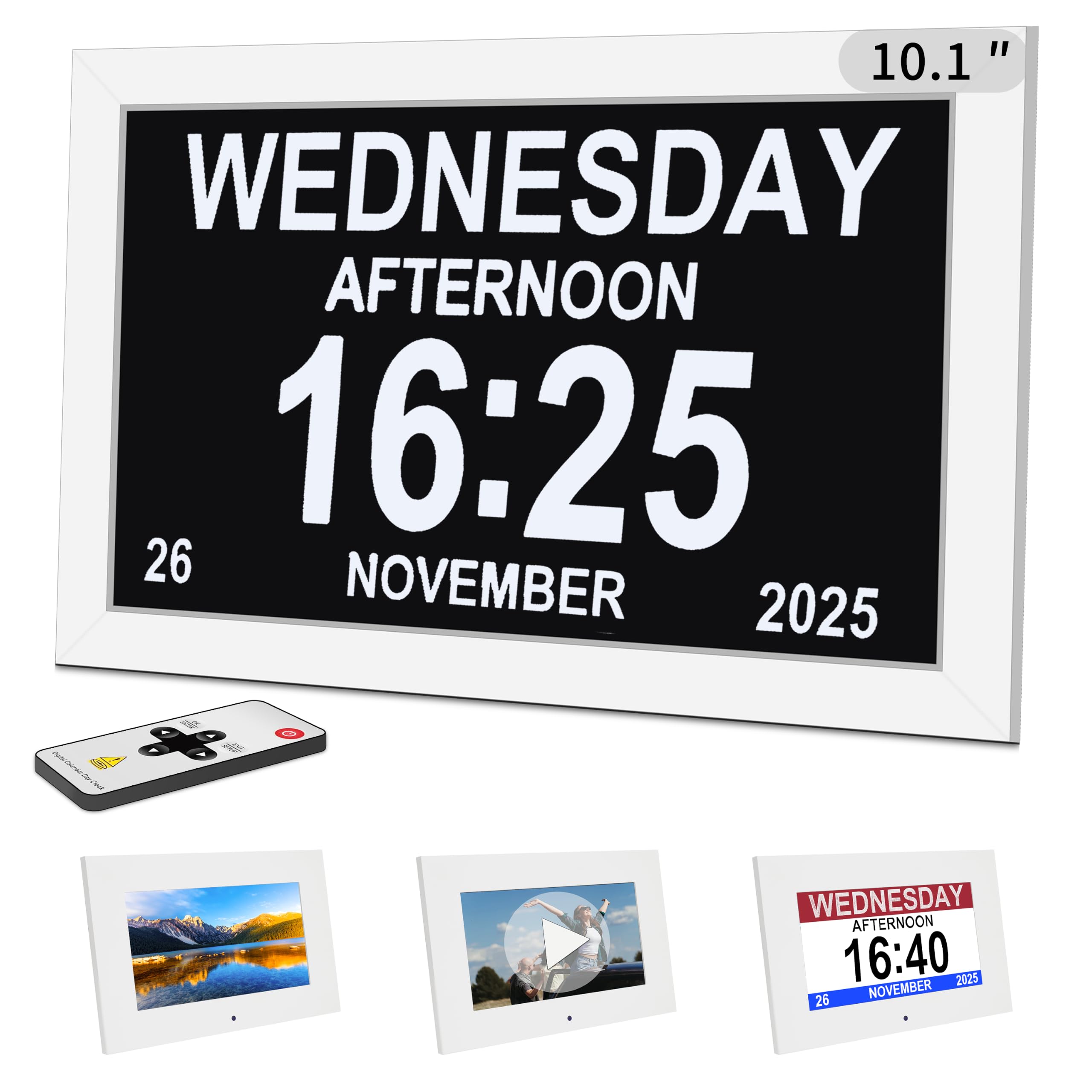 Reloj de demencia de 10.1 pulgadas, reloj digital grande con fecha y día, calendario digital, despertadores silenciosos para dormitorios, reproductor de álbum de fotos y video, 12 relojes